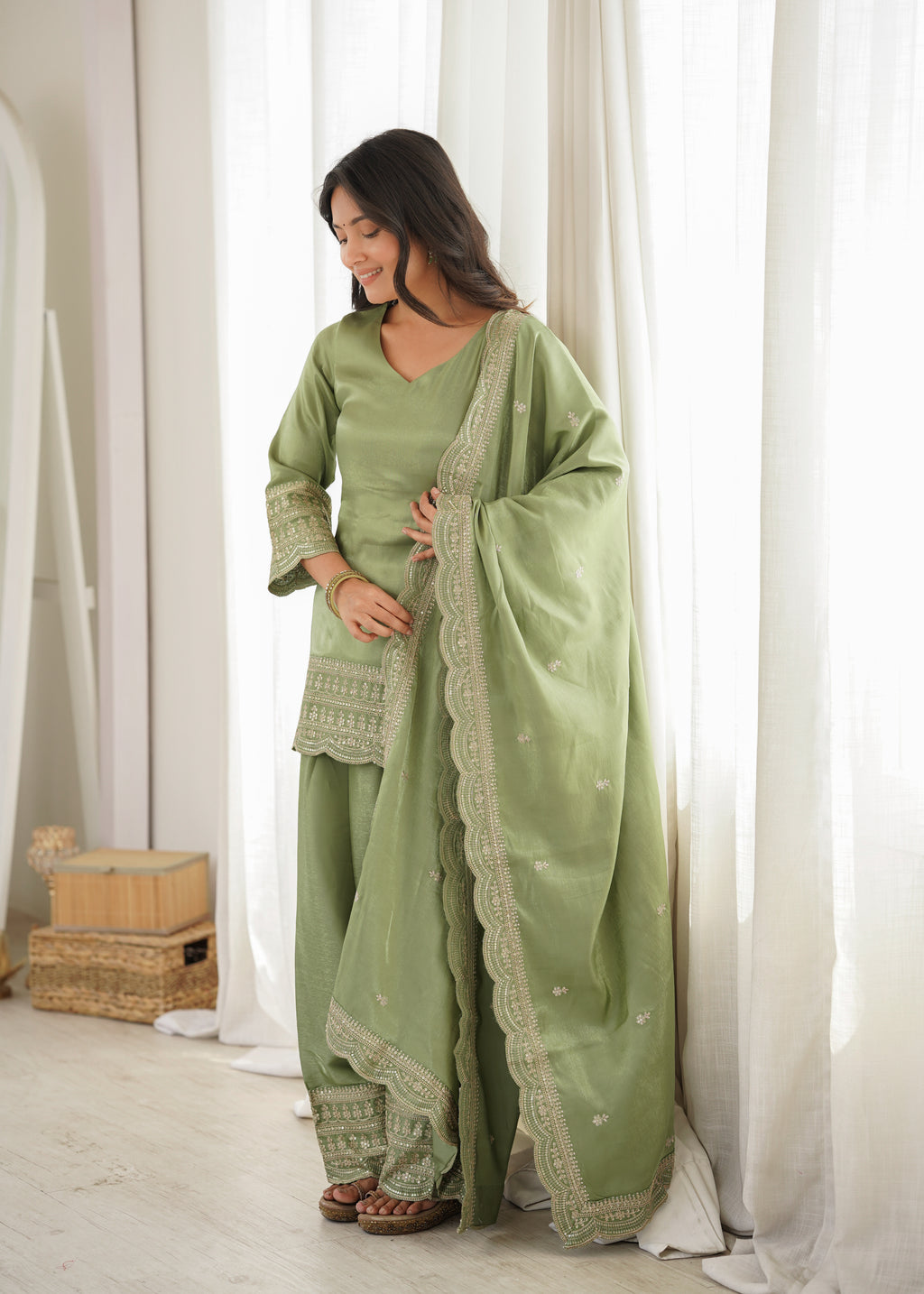 Sage Green Elegance – Embroidered Kurta Palazzo with Designer Dupatta