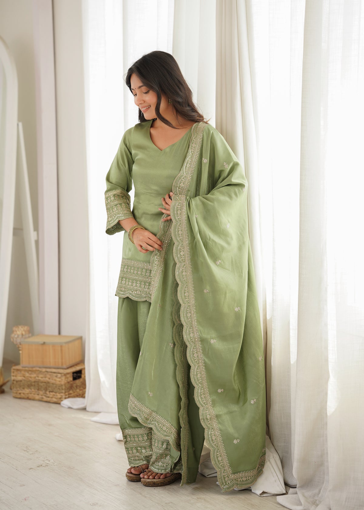 Sage Green Elegance – Embroidered Kurta Palazzo with Designer Dupatta