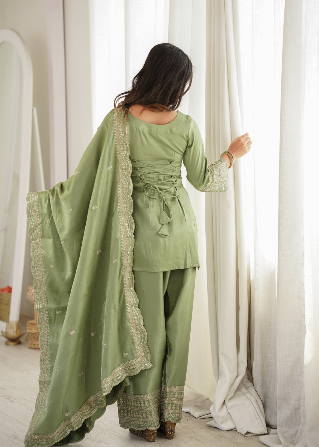 Sage Green Elegance – Embroidered Kurta Palazzo with Designer Dupatta