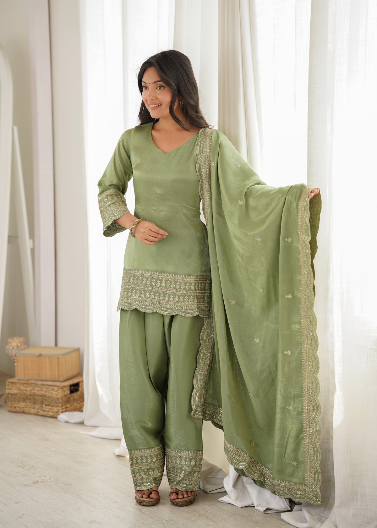 Sage Green Elegance – Embroidered Kurta Palazzo with Designer Dupatta