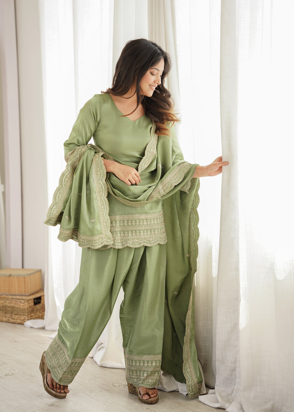 Sage Green Elegance – Embroidered Kurta Palazzo with Designer Dupatta