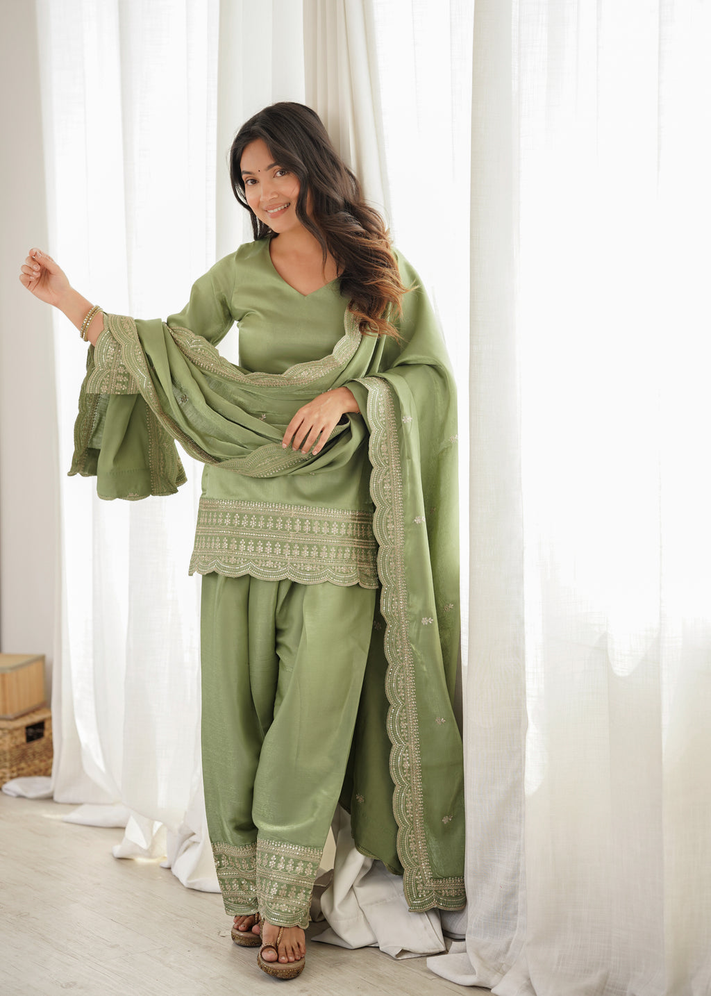 Sage Green Elegance – Embroidered Kurta Palazzo with Designer Dupatta