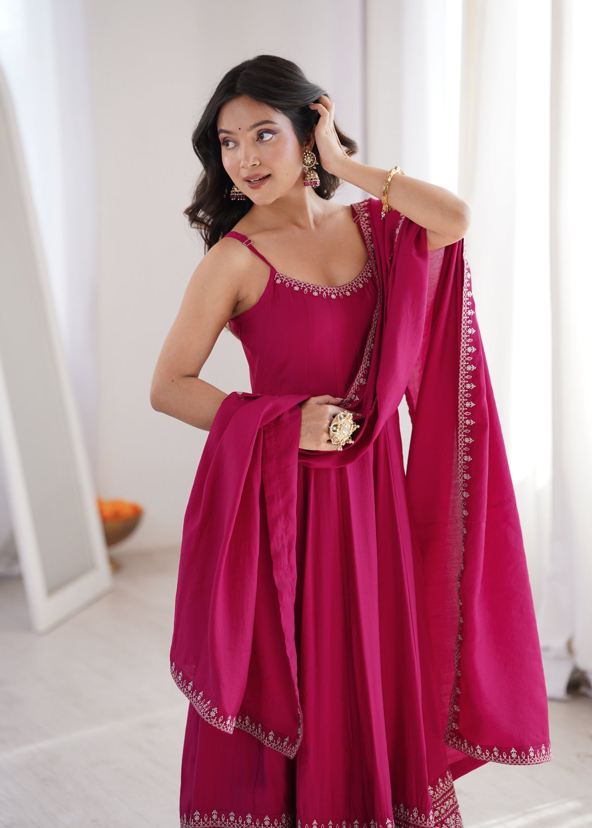 Rani Pink Embroidered Anarkali Gown Set with Delicate Neckline Work, Strappy Bodice, Flared Silhouette & Matching Dupatta