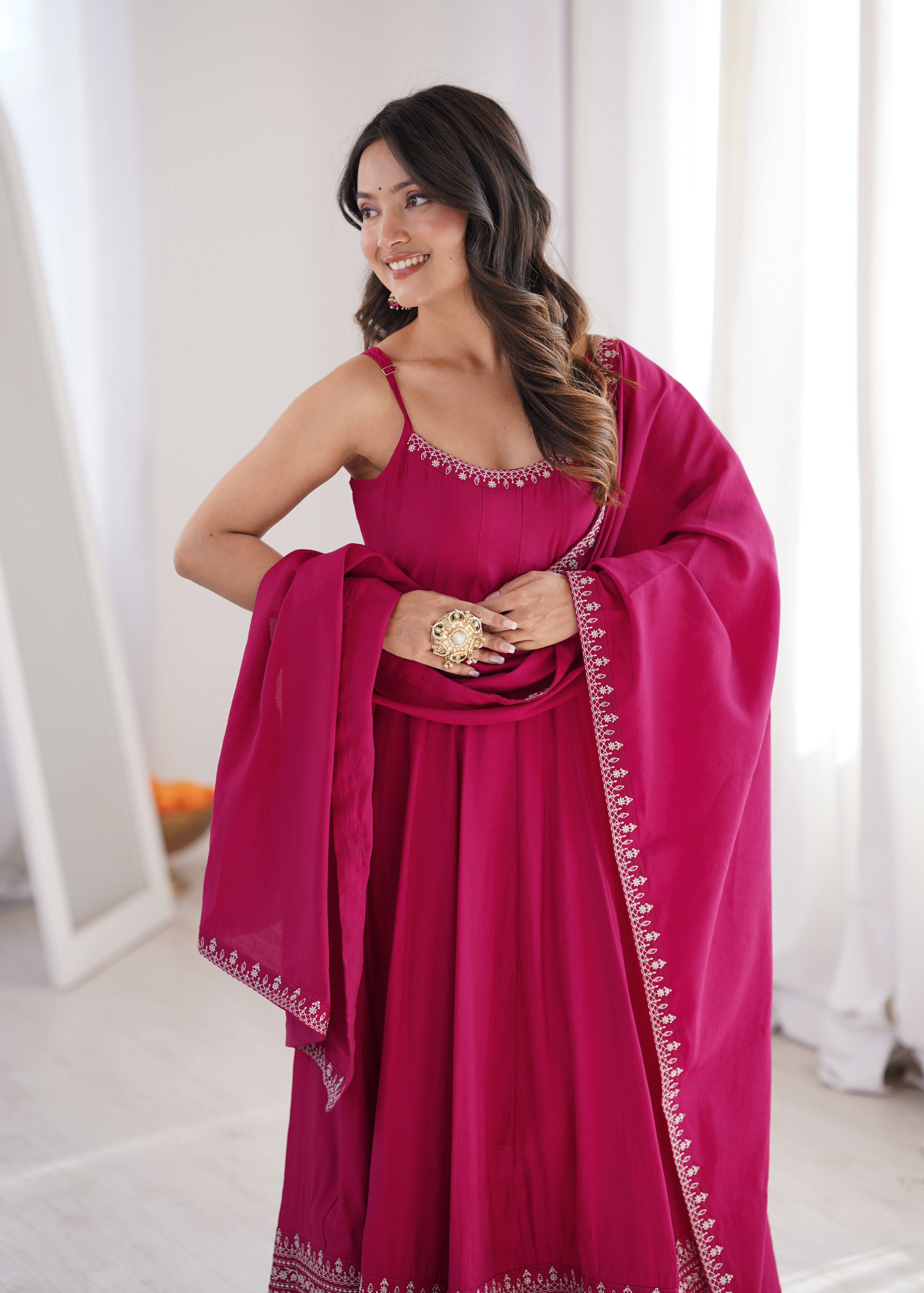 Rani Pink Embroidered Anarkali Gown Set with Delicate Neckline Work, Strappy Bodice, Flared Silhouette & Matching Dupatta