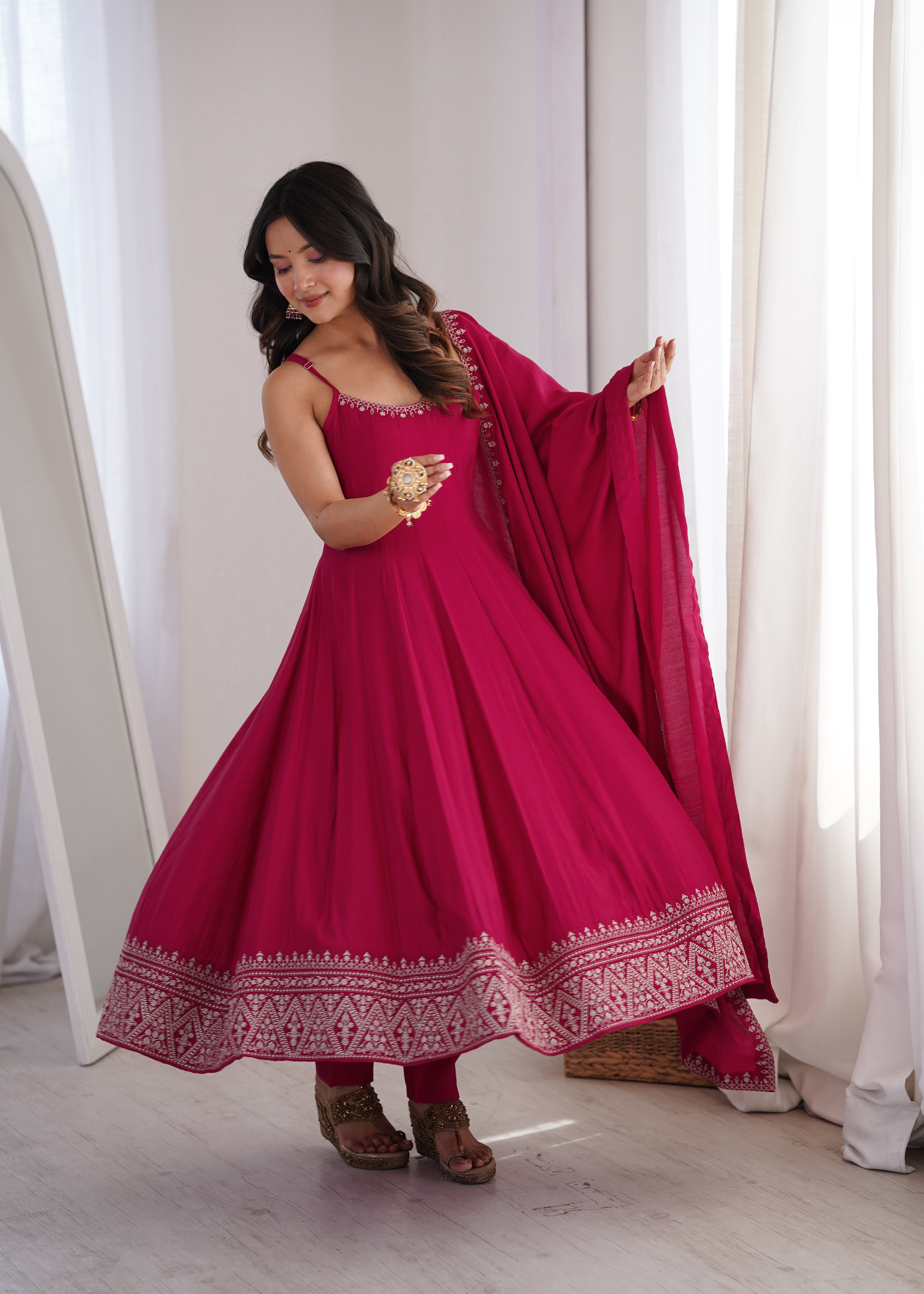 Rani Pink Embroidered Anarkali Gown Set with Delicate Neckline Work, Strappy Bodice, Flared Silhouette & Matching Dupatta