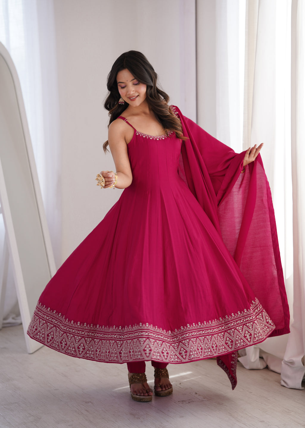 Rani Pink Embroidered Anarkali Gown Set with Delicate Neckline Work, Strappy Bodice, Flared Silhouette & Matching Dupatta