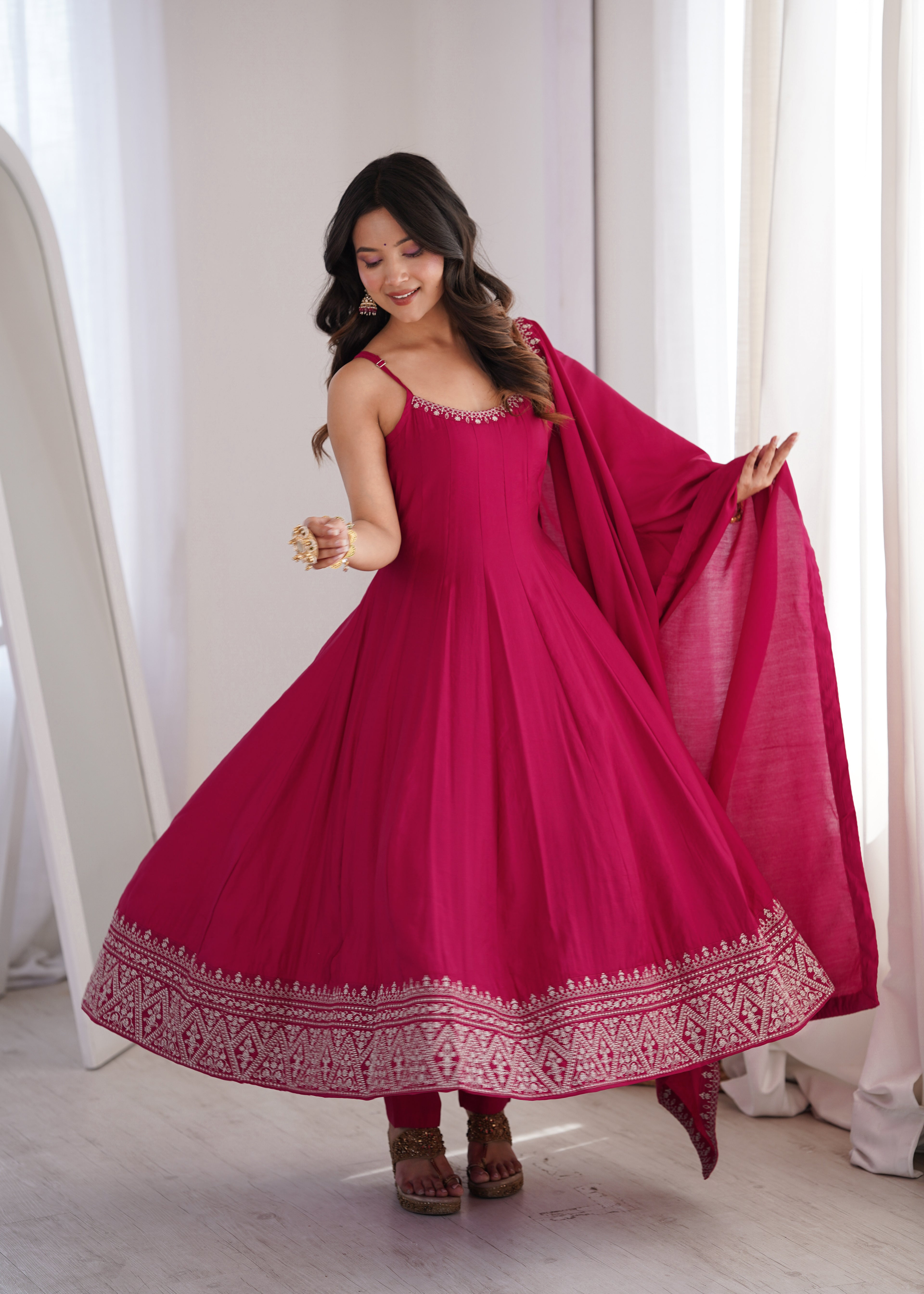 Rani Pink Embroidered Anarkali Gown Set with Delicate Neckline Work, Strappy Bodice, Flared Silhouette & Matching Dupatta
