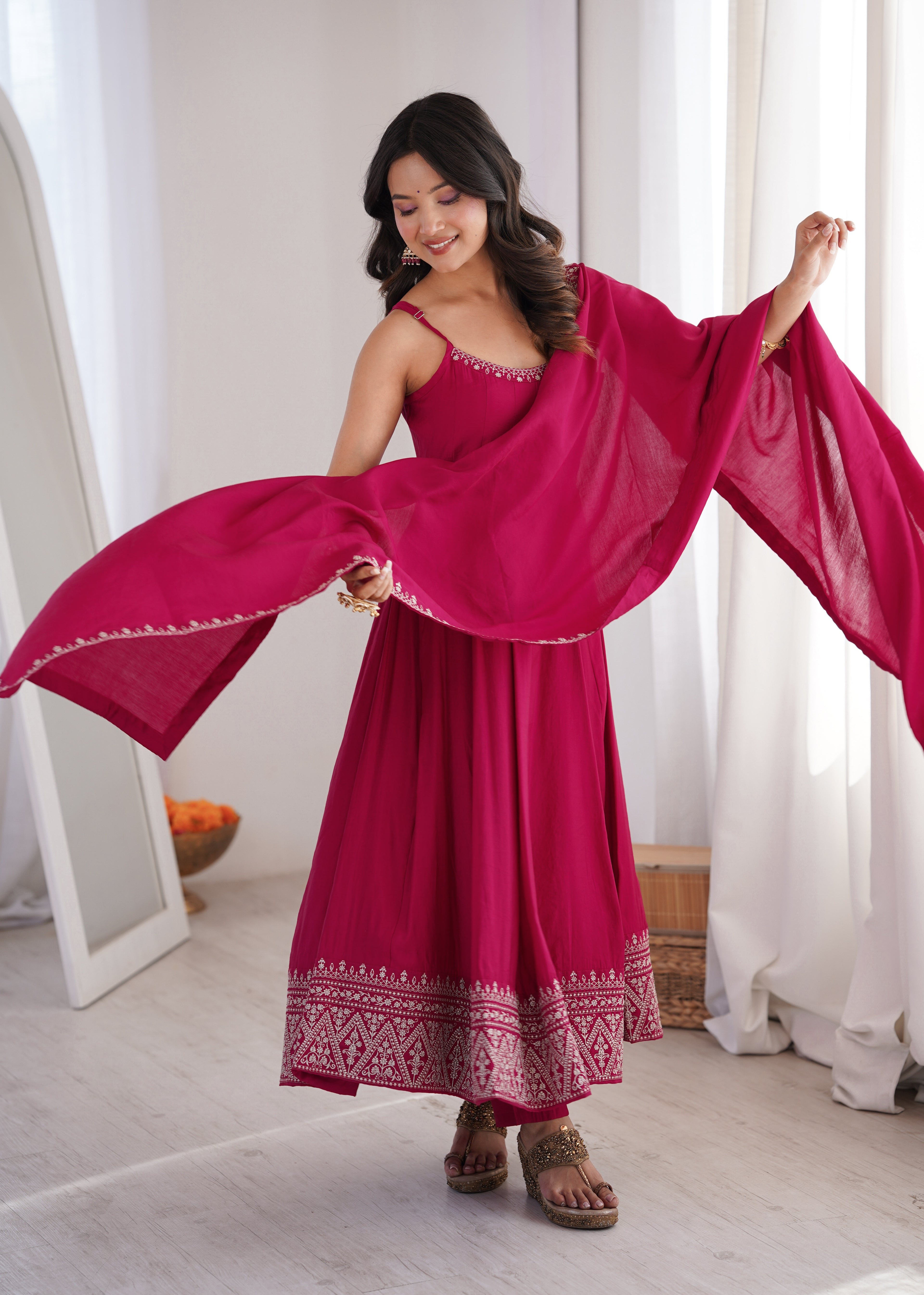 Rani Pink Embroidered Anarkali Gown Set with Delicate Neckline Work, Strappy Bodice, Flared Silhouette & Matching Dupatta