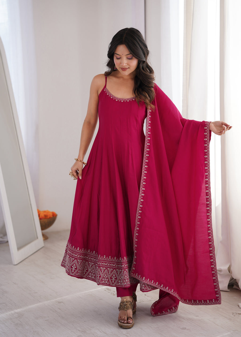 Rani Pink Embroidered Anarkali Gown Set with Delicate Neckline Work, Strappy Bodice, Flared Silhouette & Matching Dupatta