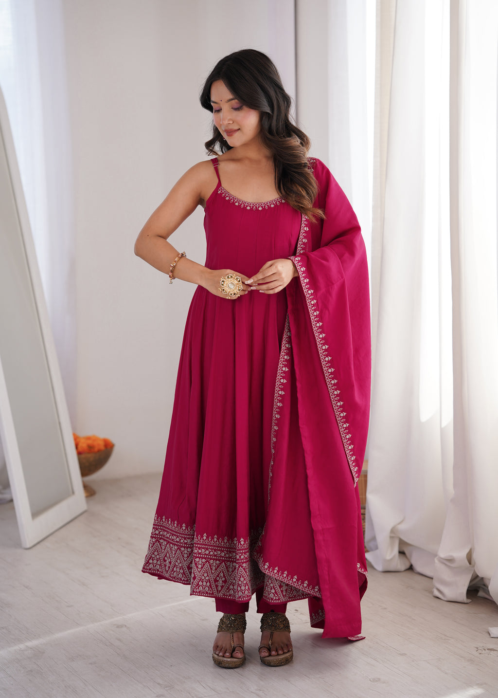 Rani Pink Embroidered Anarkali Gown Set with Delicate Neckline Work, Strappy Bodice, Flared Silhouette & Matching Dupatta