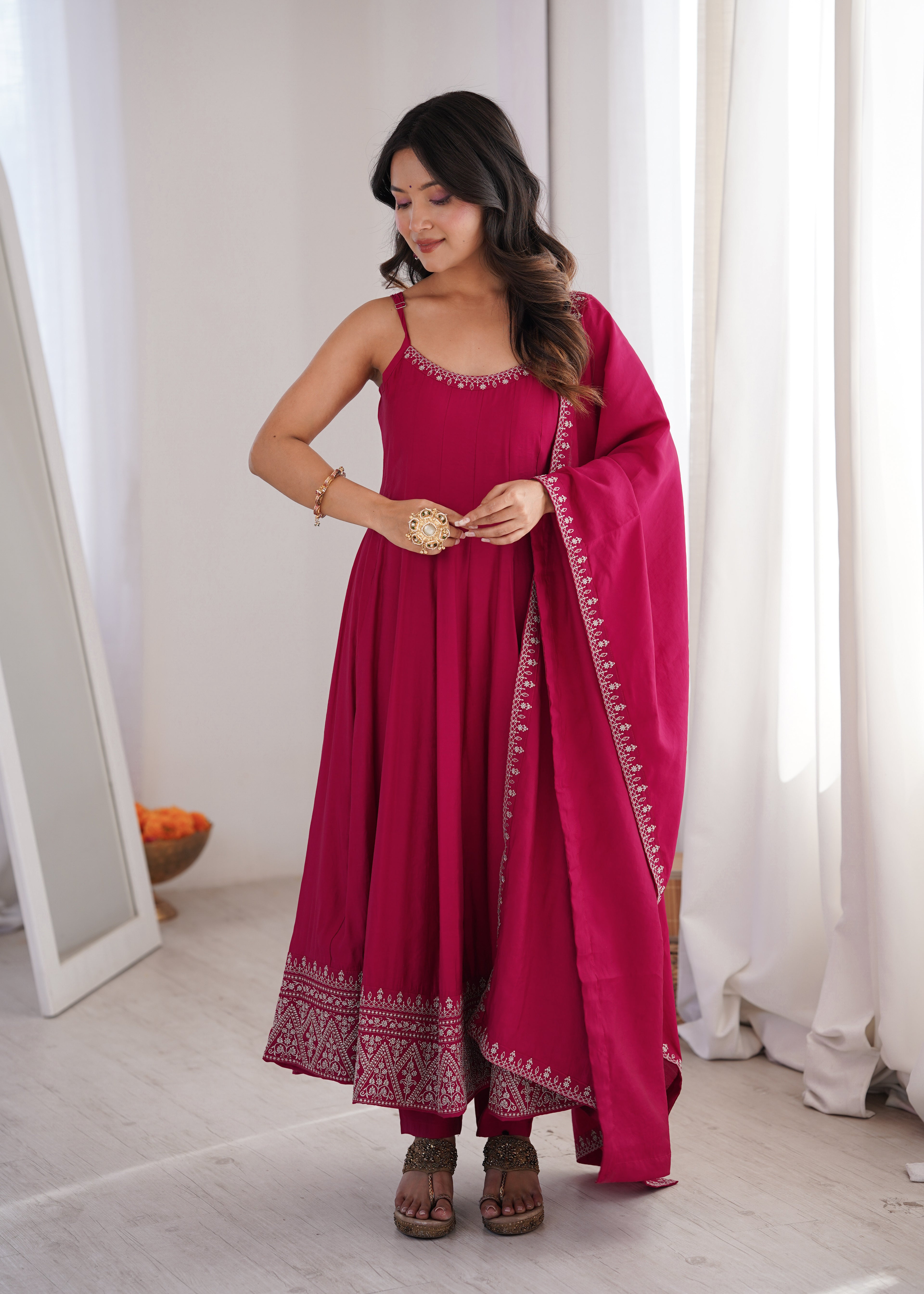 Rani Pink Embroidered Anarkali Gown Set with Delicate Neckline Work, Strappy Bodice, Flared Silhouette & Matching Dupatta