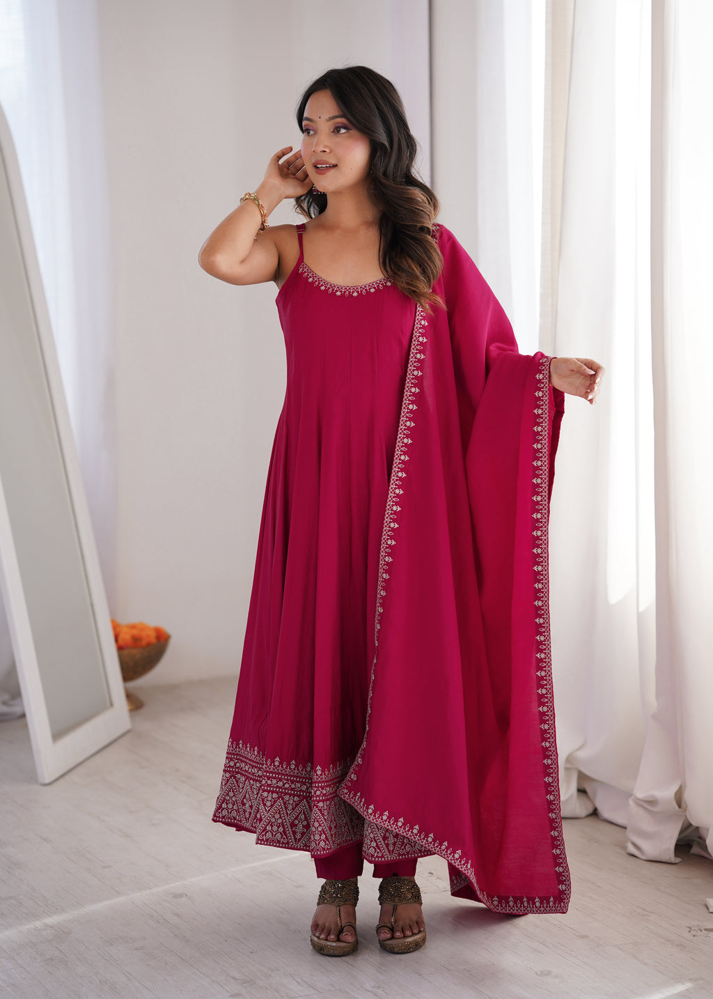 Rani Pink Embroidered Anarkali Gown Set with Delicate Neckline Work, Strappy Bodice, Flared Silhouette & Matching Dupatta