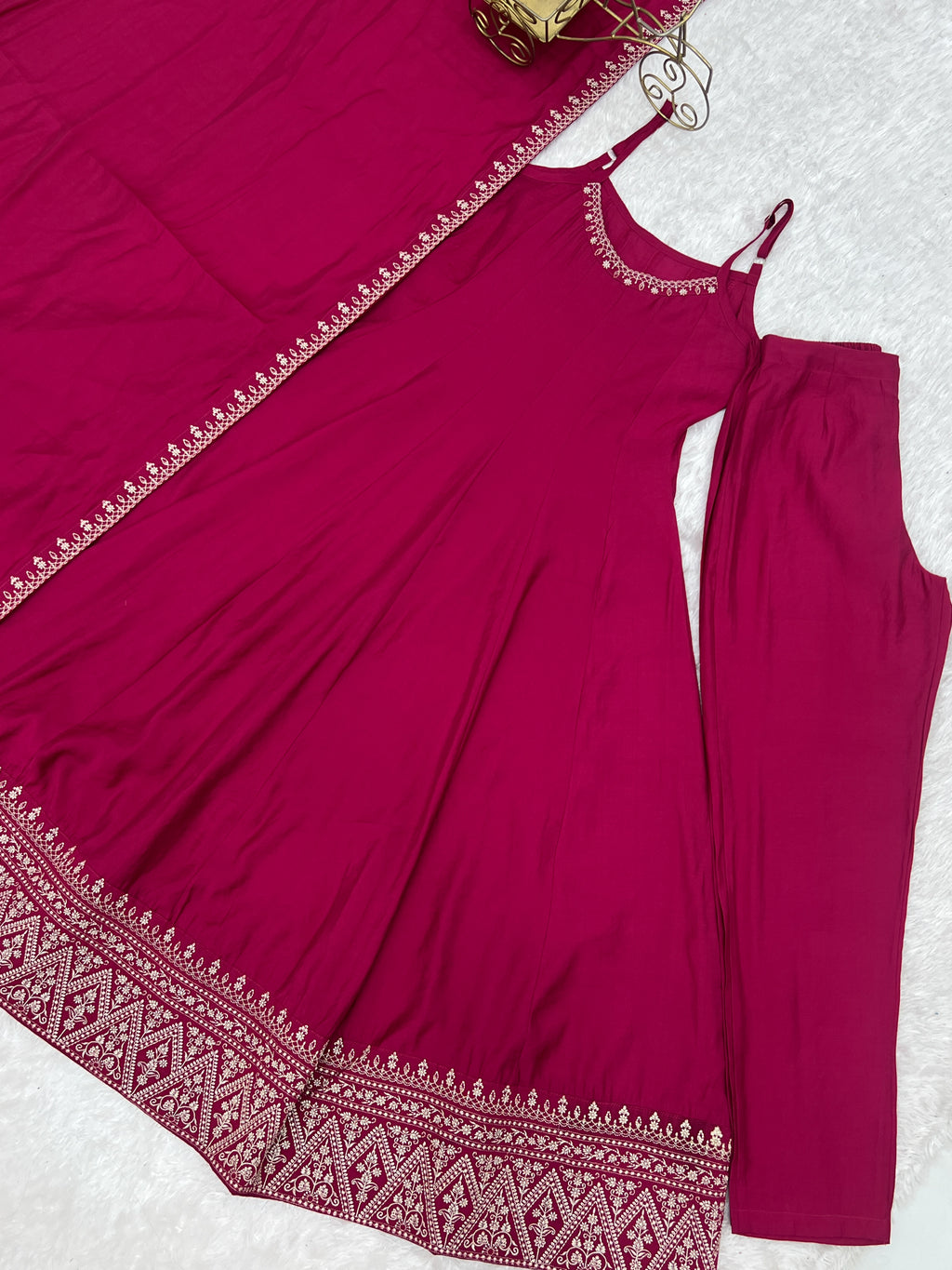Rani Pink Embroidered Anarkali Gown Set with Delicate Neckline Work, Strappy Bodice, Flared Silhouette & Matching Dupatta