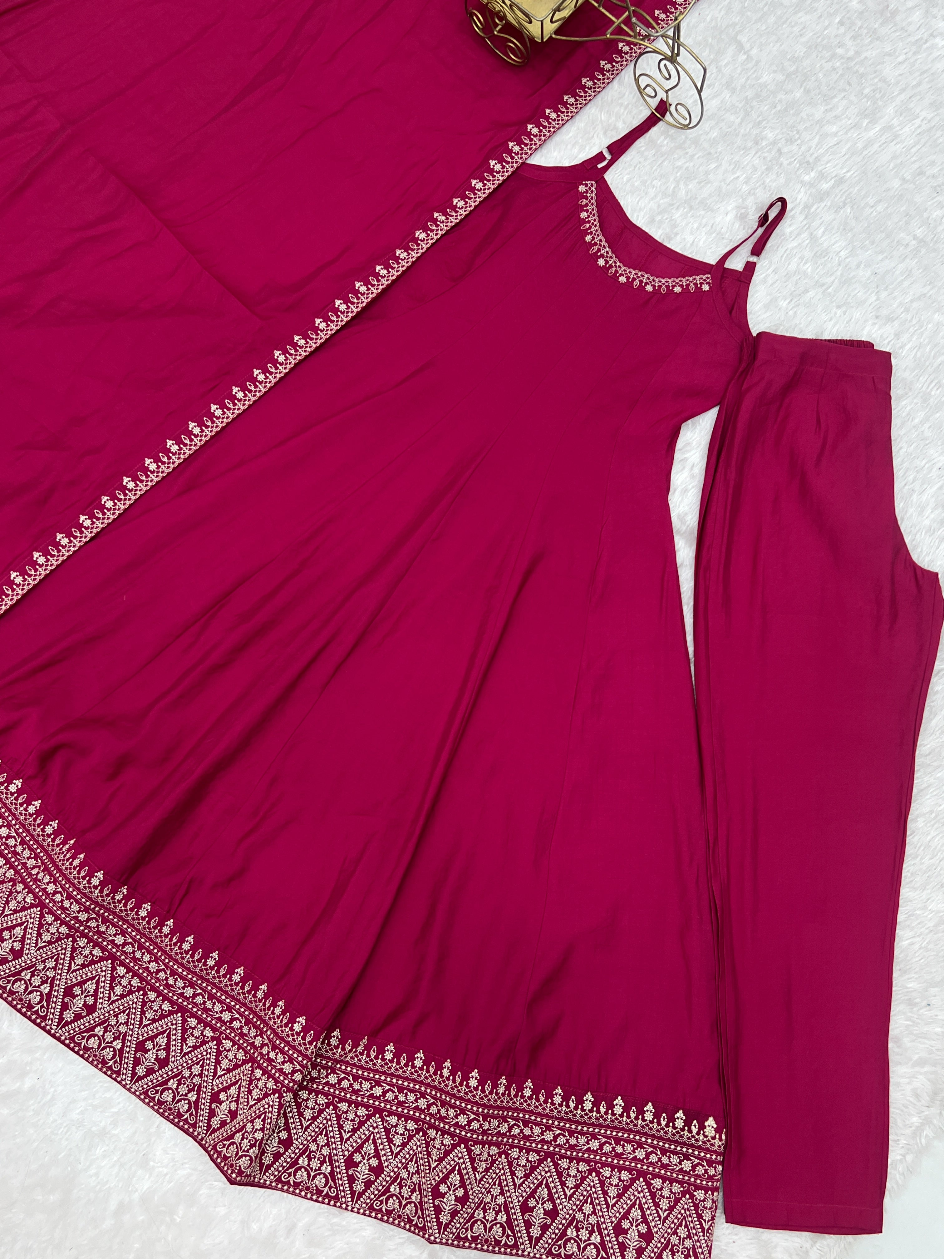 Rani Pink Embroidered Anarkali Gown Set with Delicate Neckline Work, Strappy Bodice, Flared Silhouette & Matching Dupatta