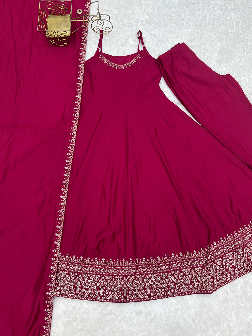 Rani Pink Embroidered Anarkali Gown Set with Delicate Neckline Work, Strappy Bodice, Flared Silhouette & Matching Dupatta
