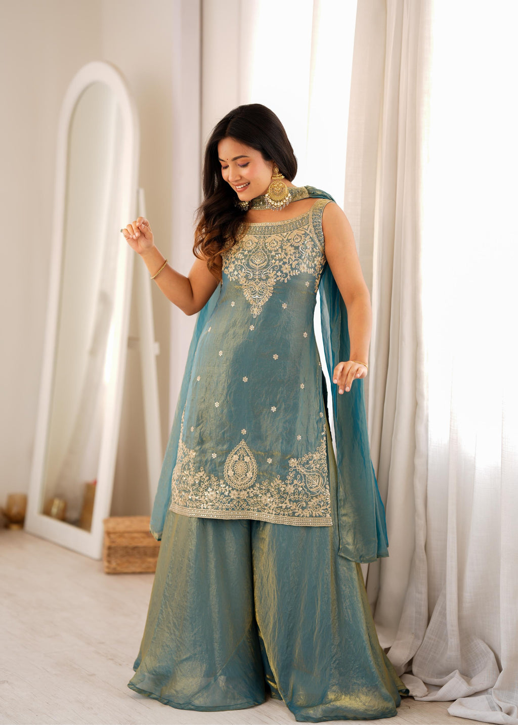 Dusty Teal Blue Chanderi Anarkali Sharara Set with Intricate Zari Embroidery, Floral Motifs & Matching Sheer Dupatta