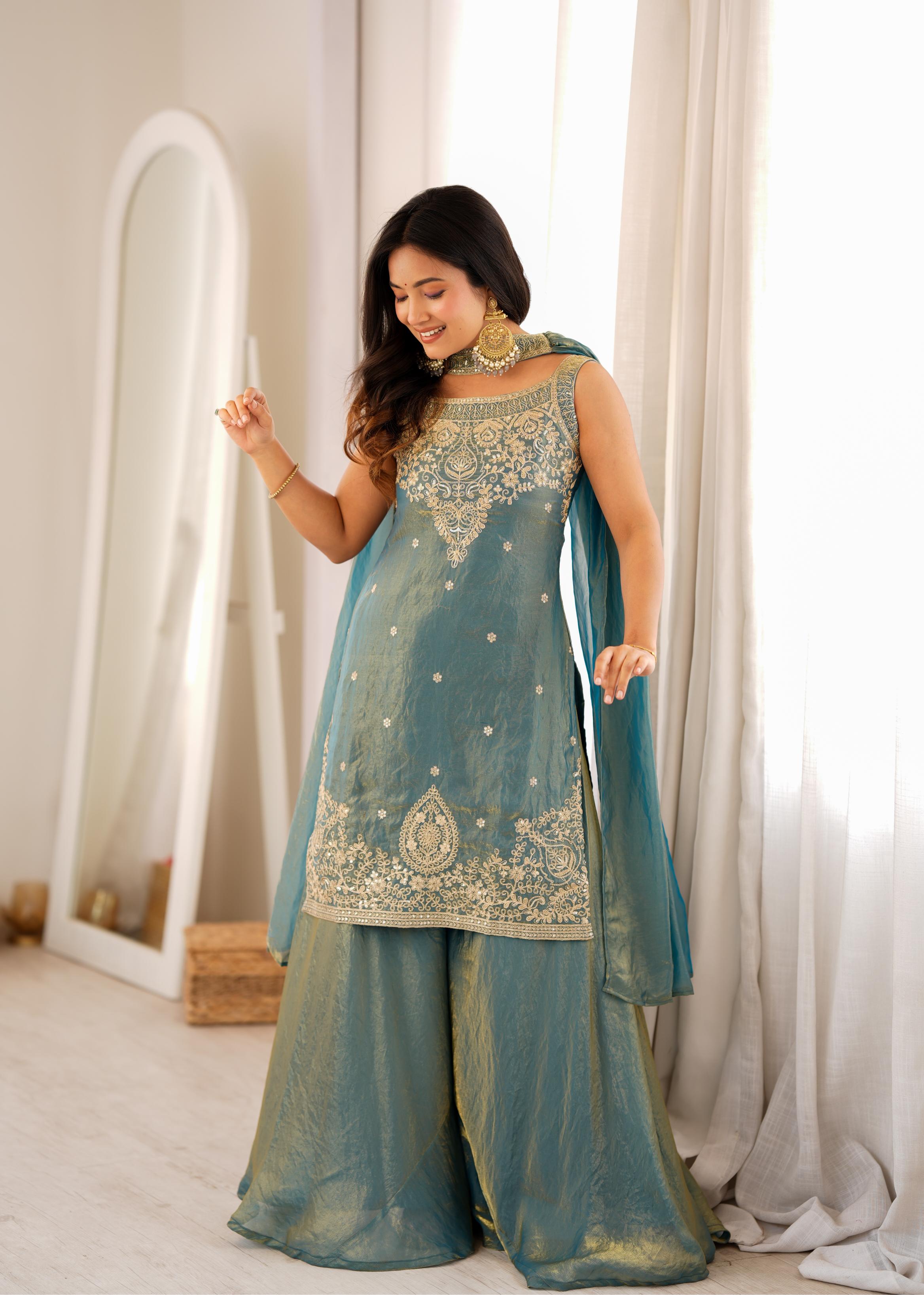 Dusty Teal Blue Chanderi Anarkali Sharara Set with Intricate Zari Embroidery, Floral Motifs & Matching Sheer Dupatta