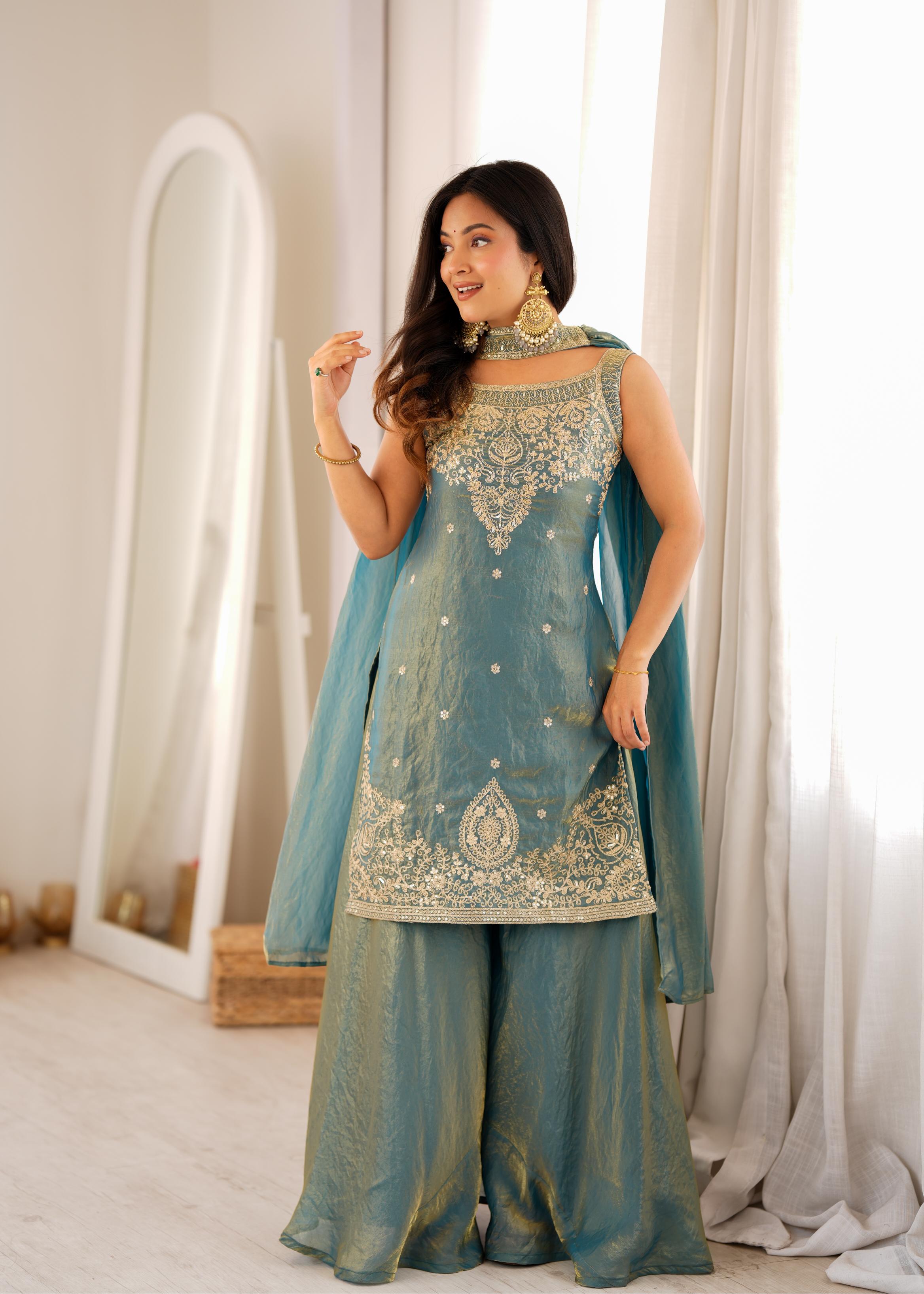 Dusty Teal Blue Chanderi Anarkali Sharara Set with Intricate Zari Embroidery, Floral Motifs & Matching Sheer Dupatta