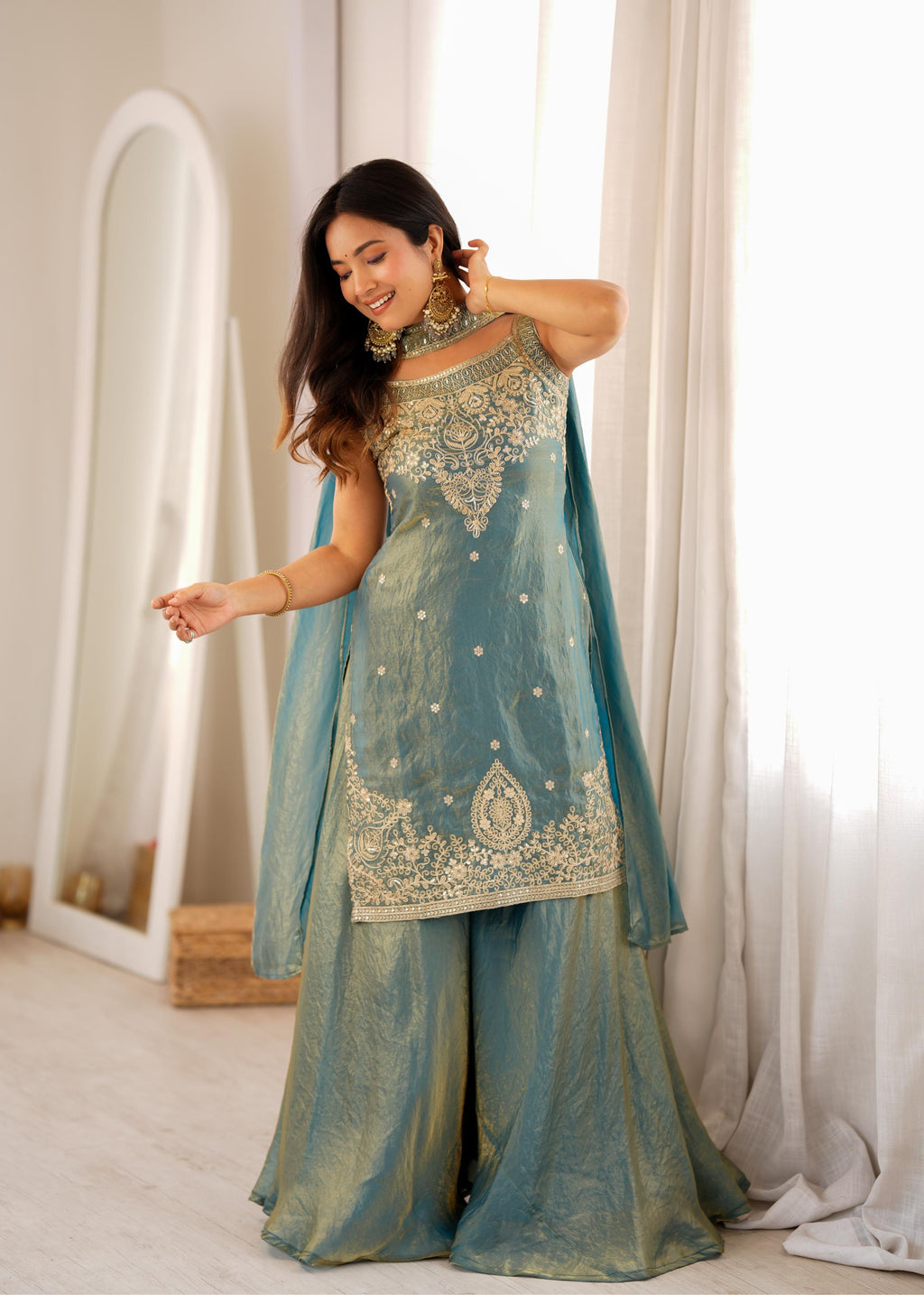 Dusty Teal Blue Chanderi Anarkali Sharara Set with Intricate Zari Embroidery, Floral Motifs & Matching Sheer Dupatta