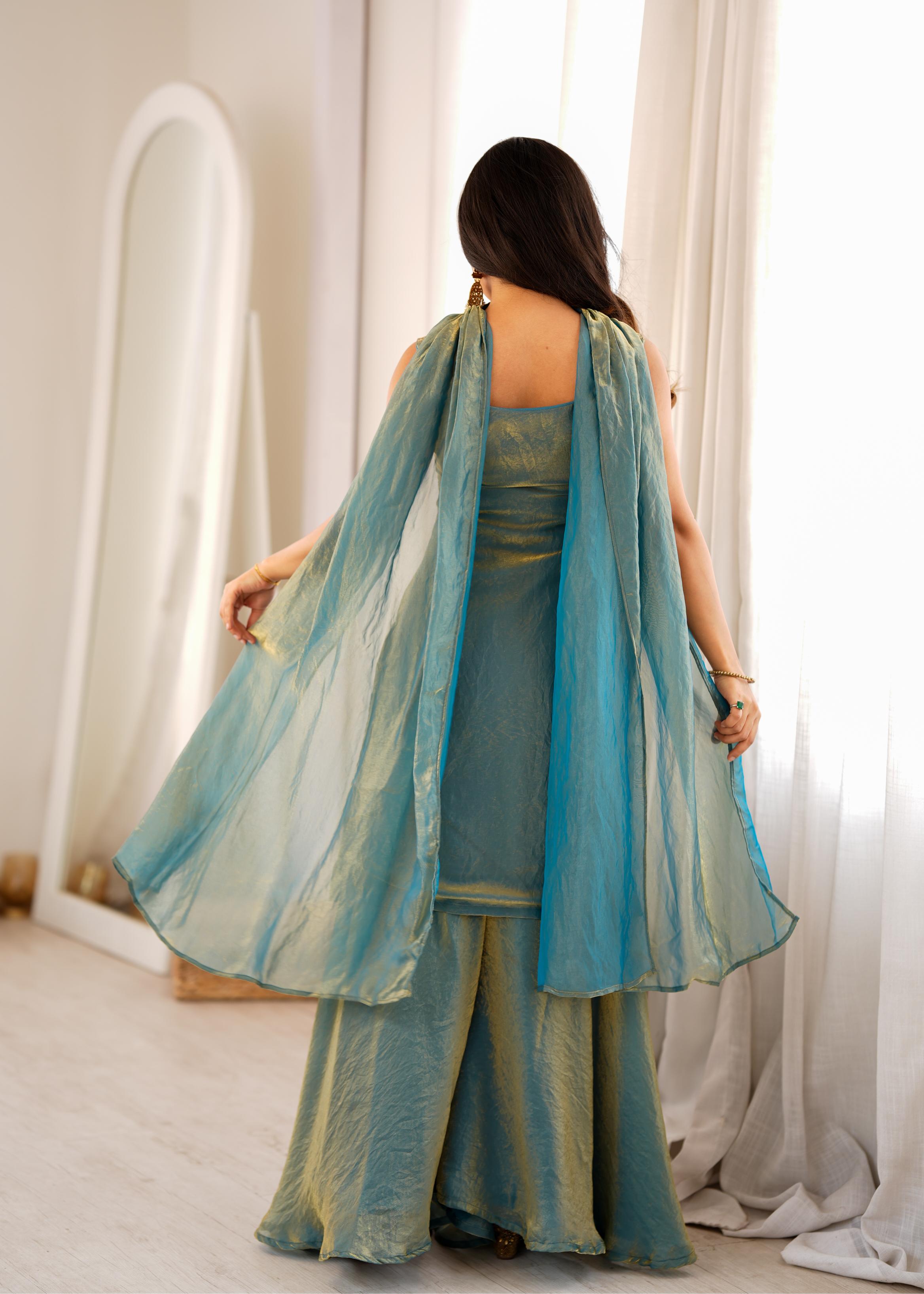 Dusty Teal Blue Chanderi Anarkali Sharara Set with Intricate Zari Embroidery, Floral Motifs & Matching Sheer Dupatta