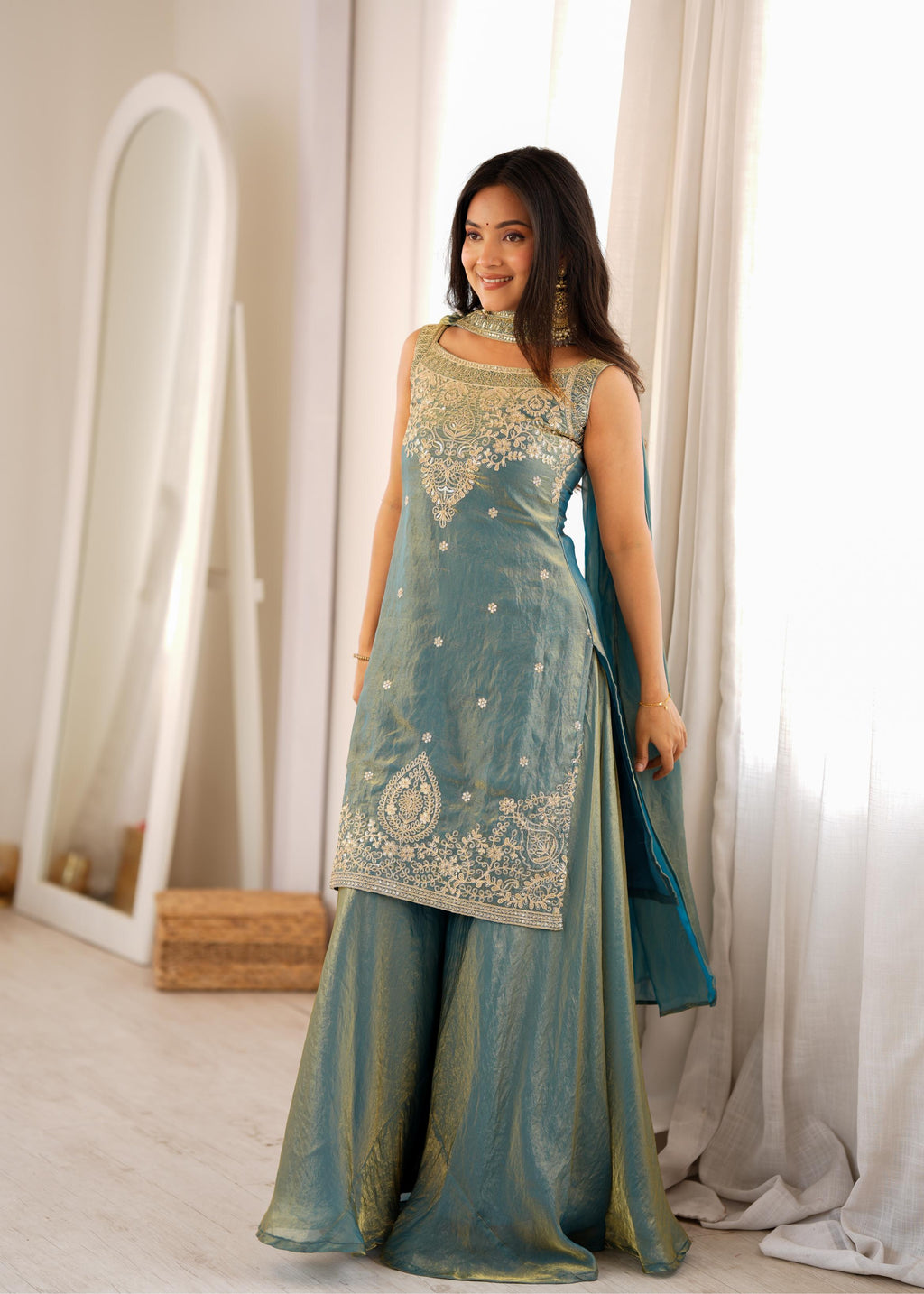 Dusty Teal Blue Chanderi Anarkali Sharara Set with Intricate Zari Embroidery, Floral Motifs & Matching Sheer Dupatta