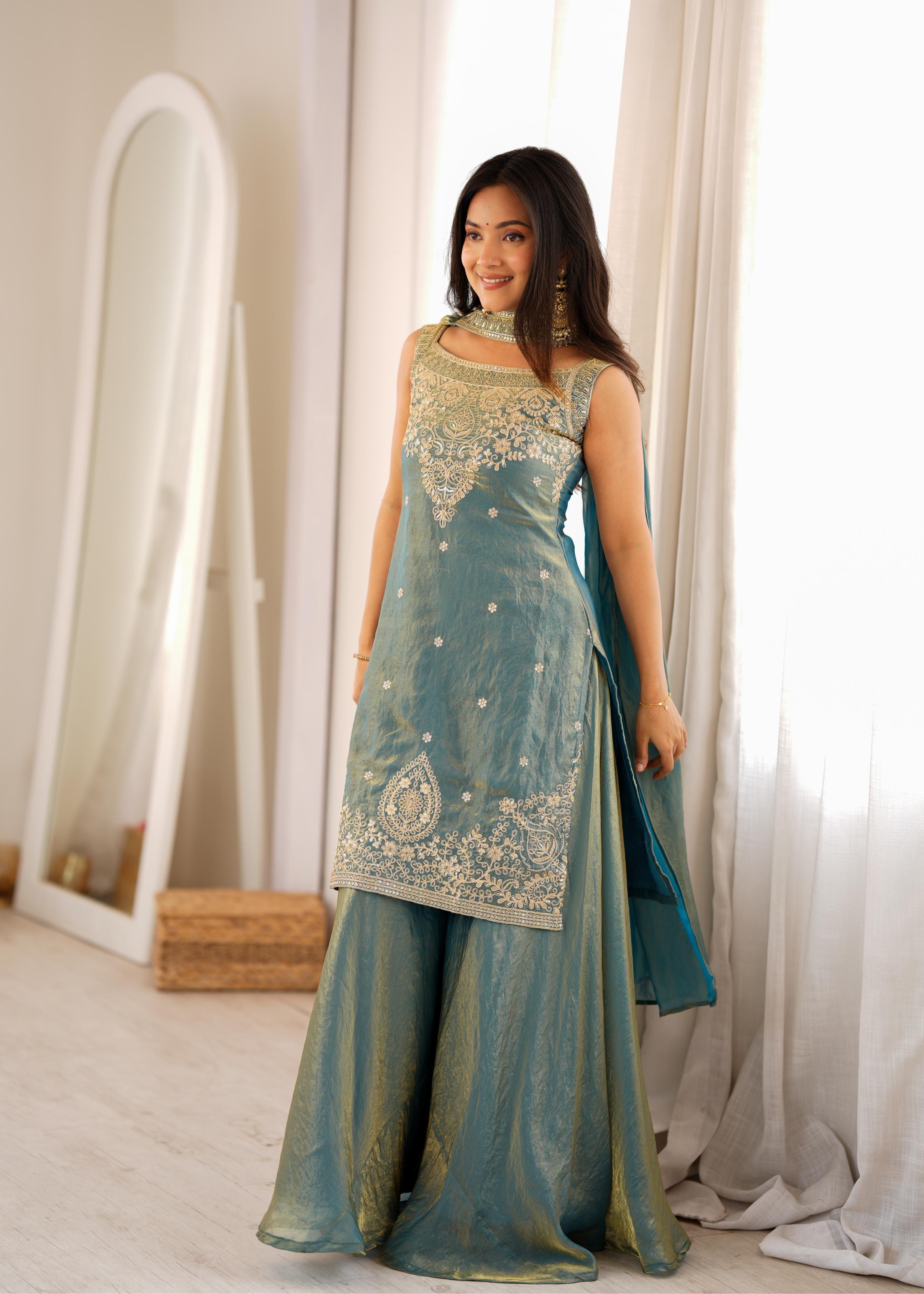 Dusty Teal Blue Chanderi Anarkali Sharara Set with Intricate Zari Embroidery, Floral Motifs & Matching Sheer Dupatta