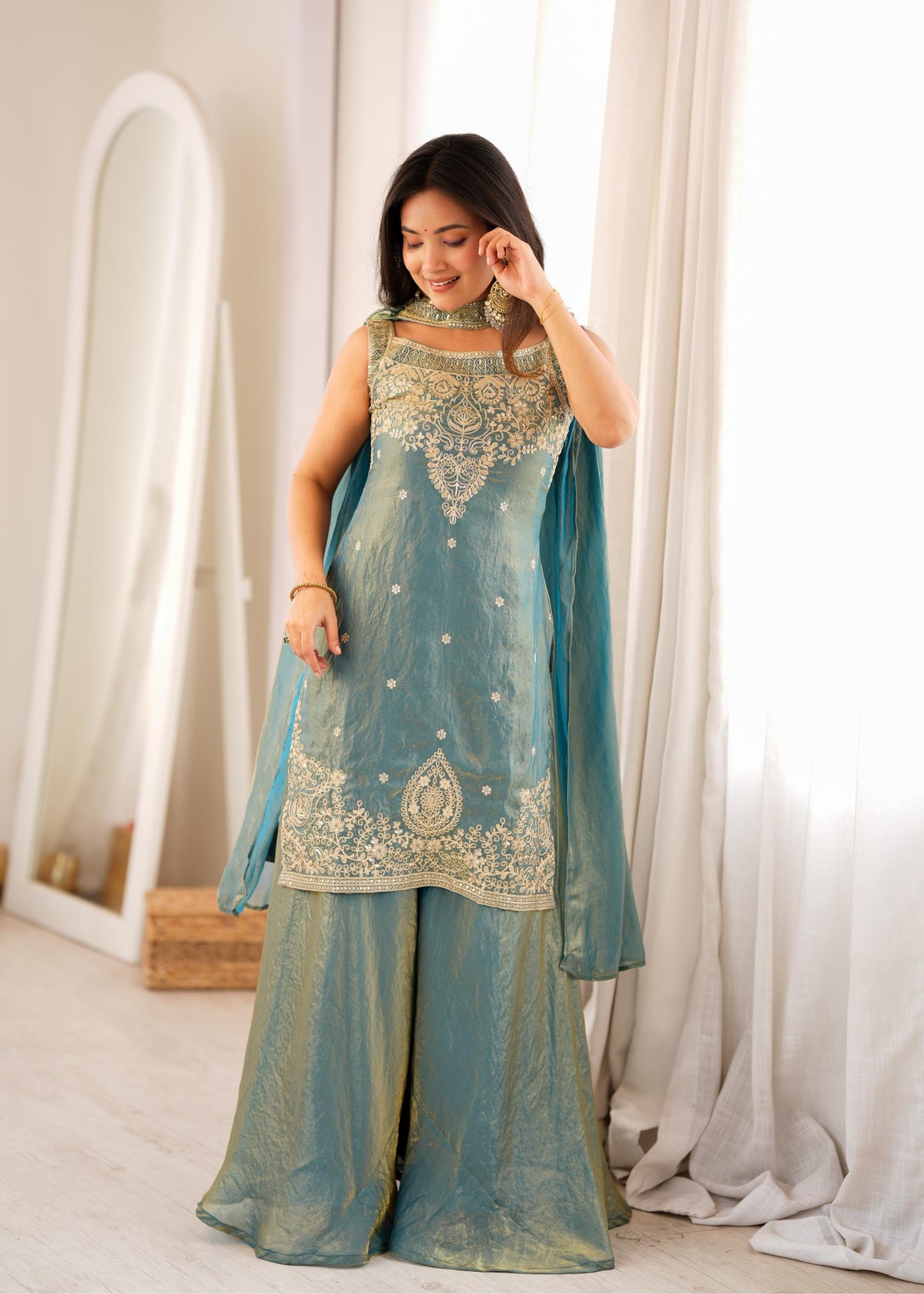 Dusty Teal Blue Chanderi Anarkali Sharara Set with Intricate Zari Embroidery, Floral Motifs & Matching Sheer Dupatta