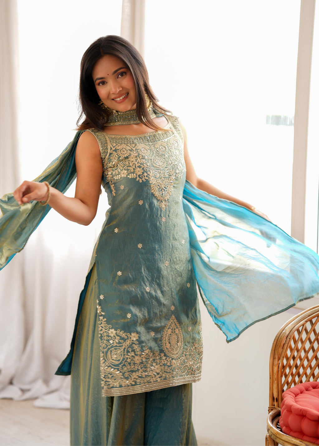 Dusty Teal Blue Chanderi Anarkali Sharara Set with Intricate Zari Embroidery, Floral Motifs & Matching Sheer Dupatta