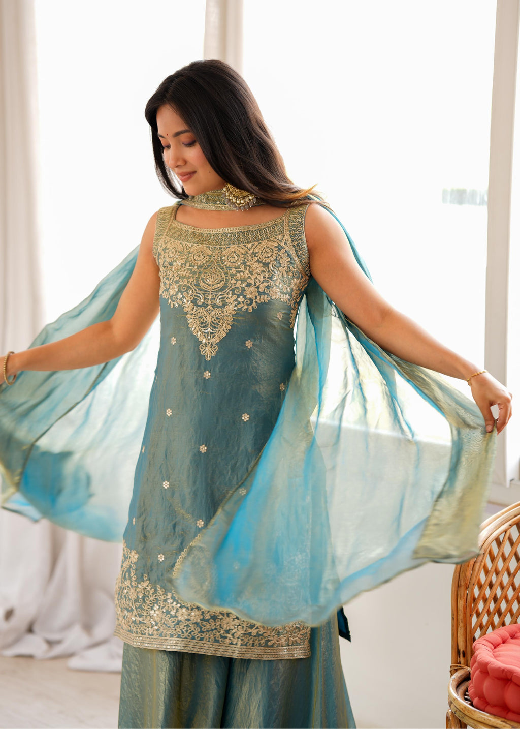Dusty Teal Blue Chanderi Anarkali Sharara Set with Intricate Zari Embroidery, Floral Motifs & Matching Sheer Dupatta