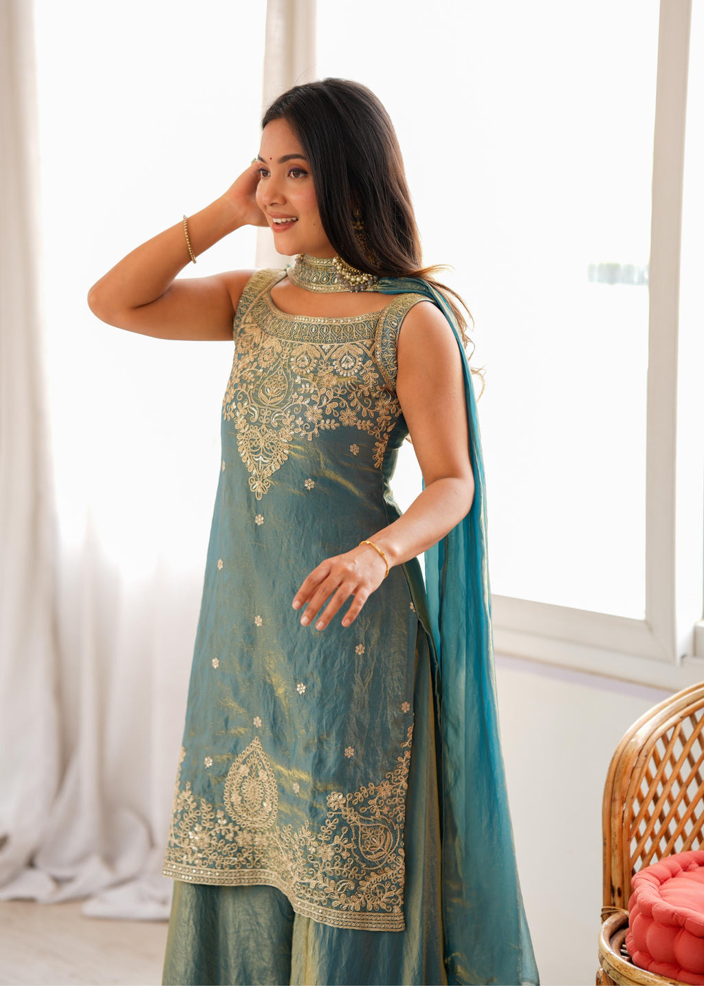 Dusty Teal Blue Chanderi Anarkali Sharara Set with Intricate Zari Embroidery, Floral Motifs & Matching Sheer Dupatta