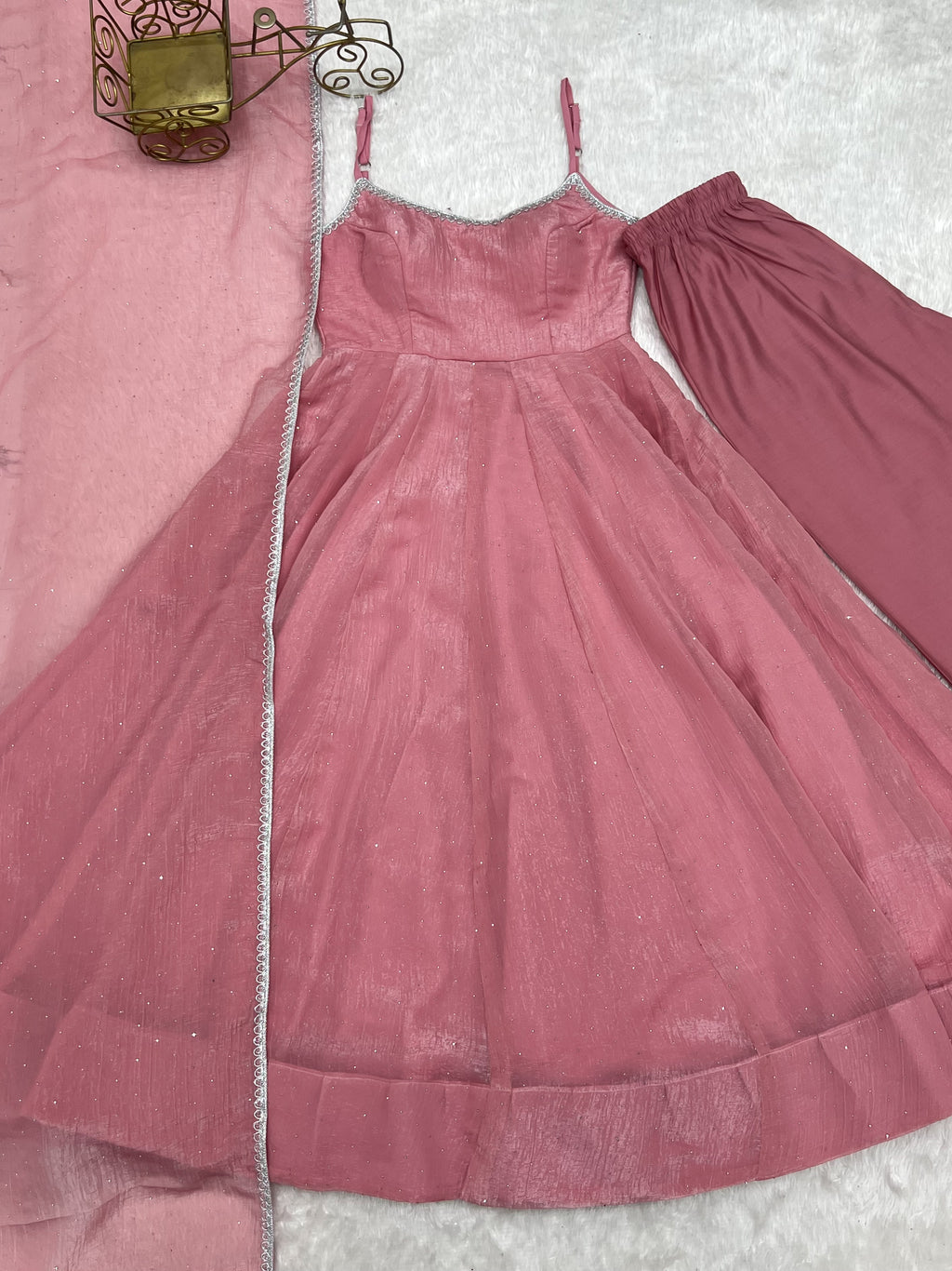 Blush Pink Chiffon Anarkali Dress with Delicate Shimmer Detailing, Spaghetti Straps & Sheer Dupatta with Silver Border