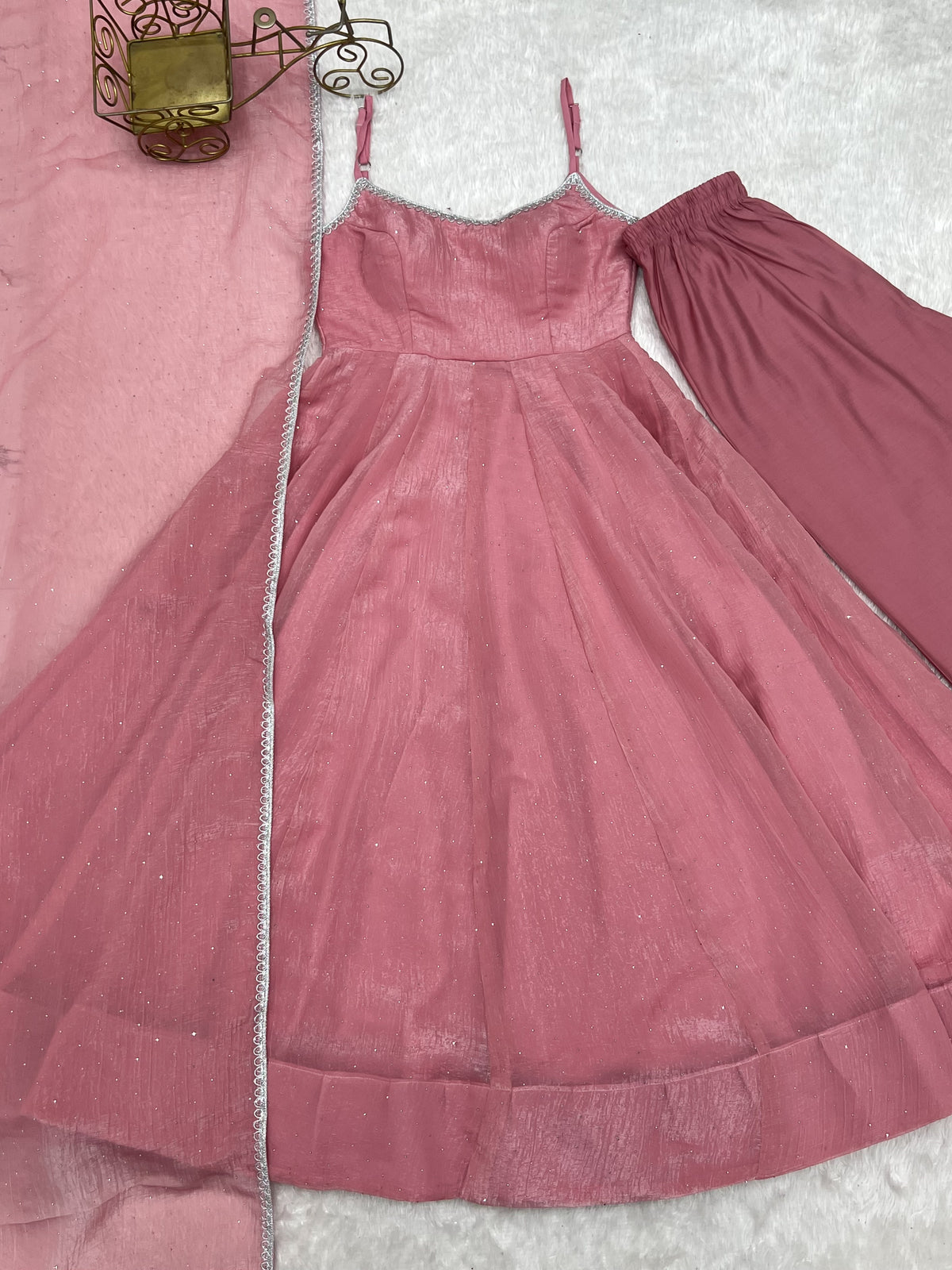 Blush Pink Chiffon Anarkali Dress with Delicate Shimmer Detailing, Spaghetti Straps & Sheer Dupatta with Silver Border