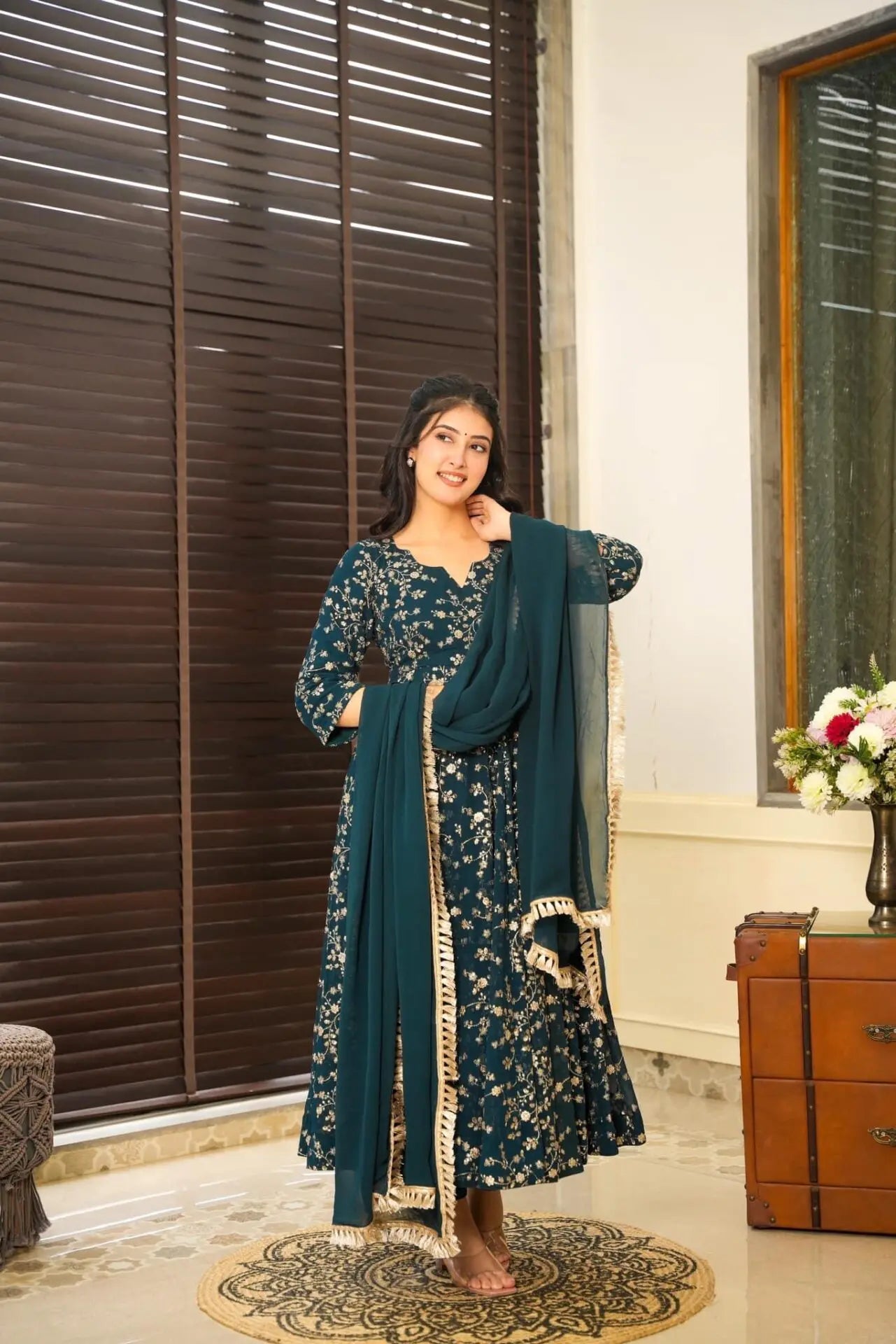 Janvika Blue Embroidered Georgette Anarkali Suit Set