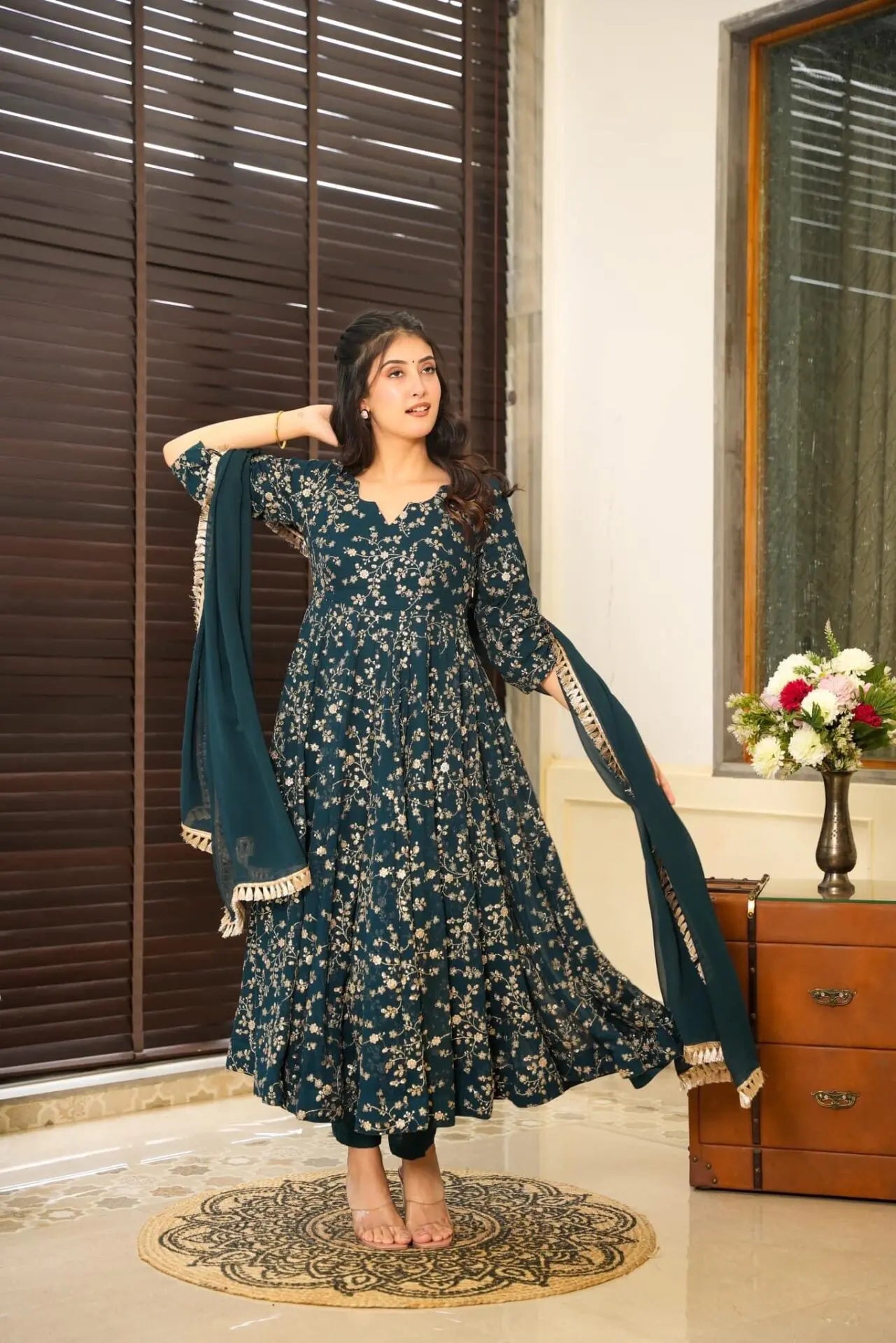 Janvika Blue Embroidered Georgette Anarkali Suit Set