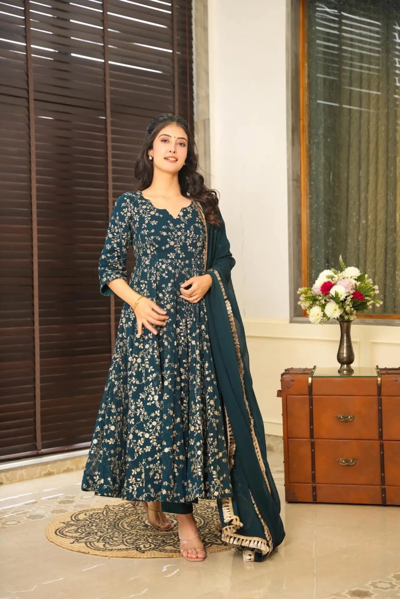 Janvika Blue Embroidered Georgette Anarkali Suit Set