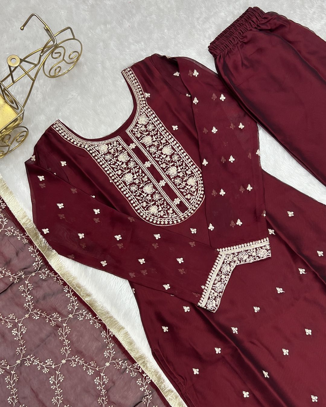 Jashwi Wine Rangoli Silk Embroidered Kurti Set