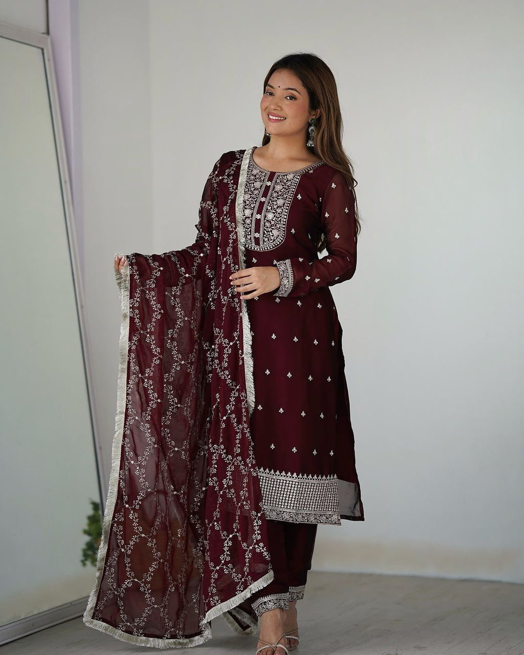 Jashwi Wine Rangoli Silk Embroidered Kurti Set