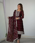 Jashwi Wine Rangoli Silk Embroidered Kurti Set