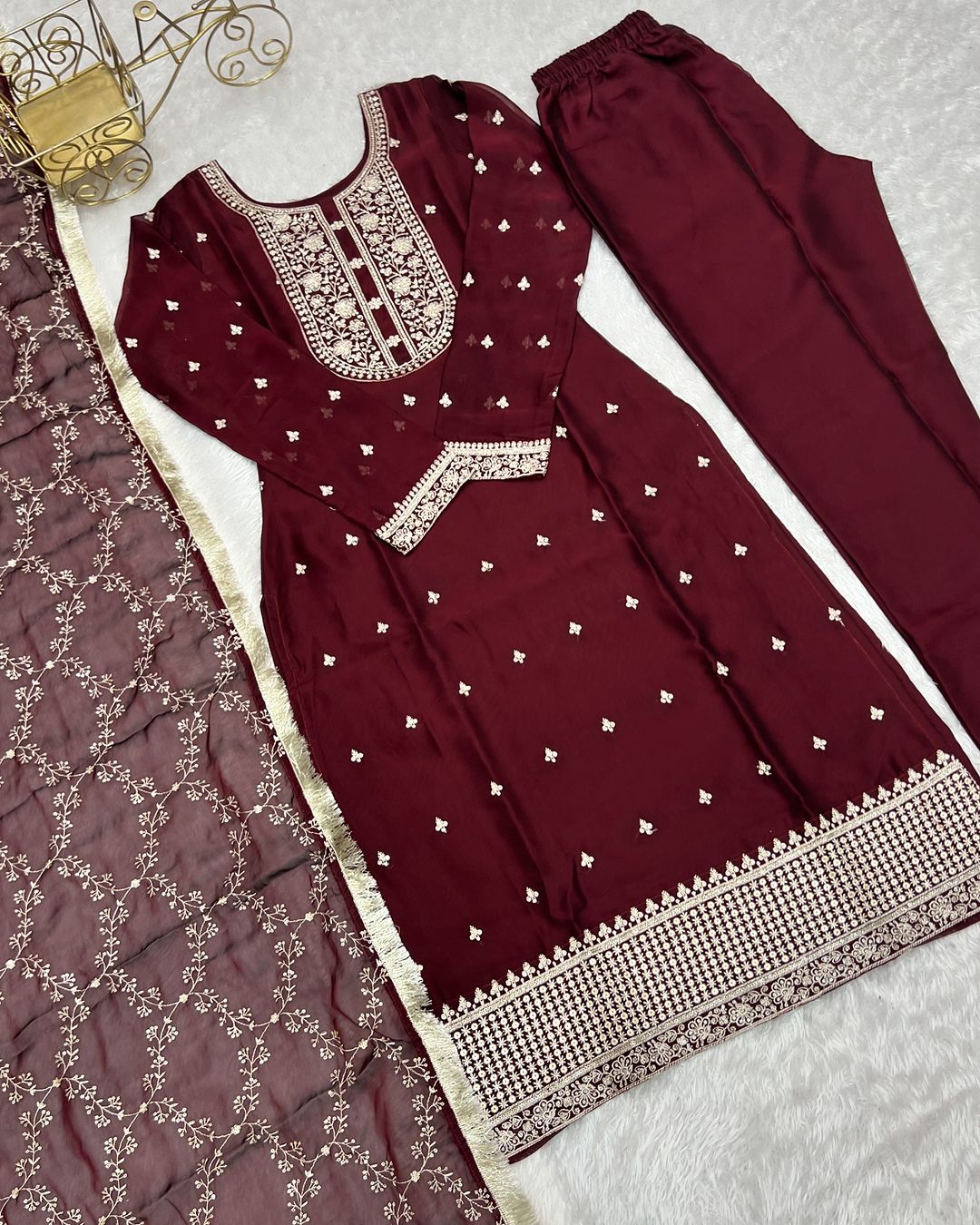 Jashwi Wine Rangoli Silk Embroidered Kurti Set