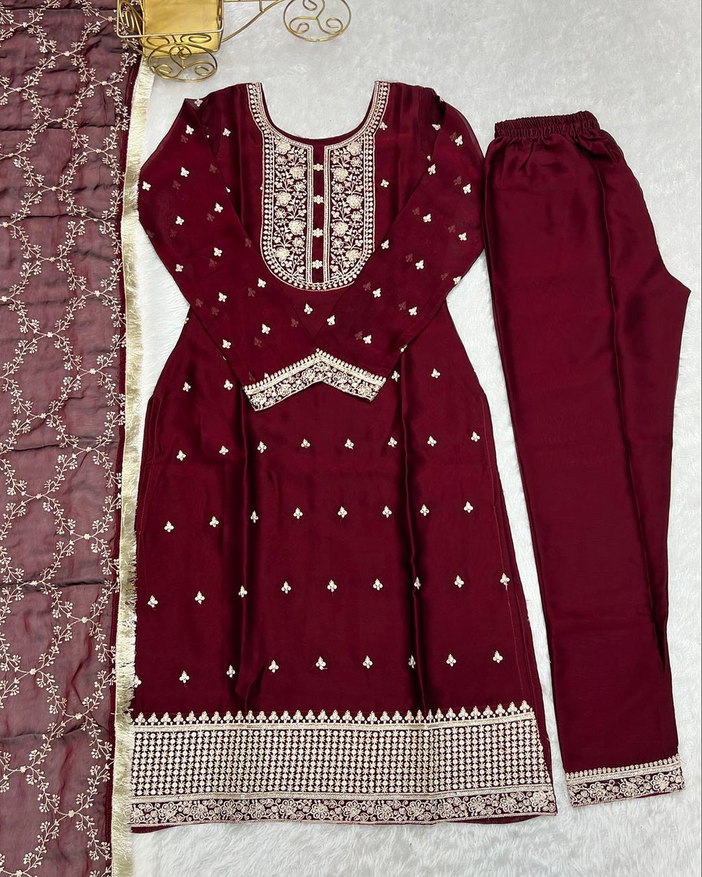 Jashwi Wine Rangoli Silk Embroidered Kurti Set