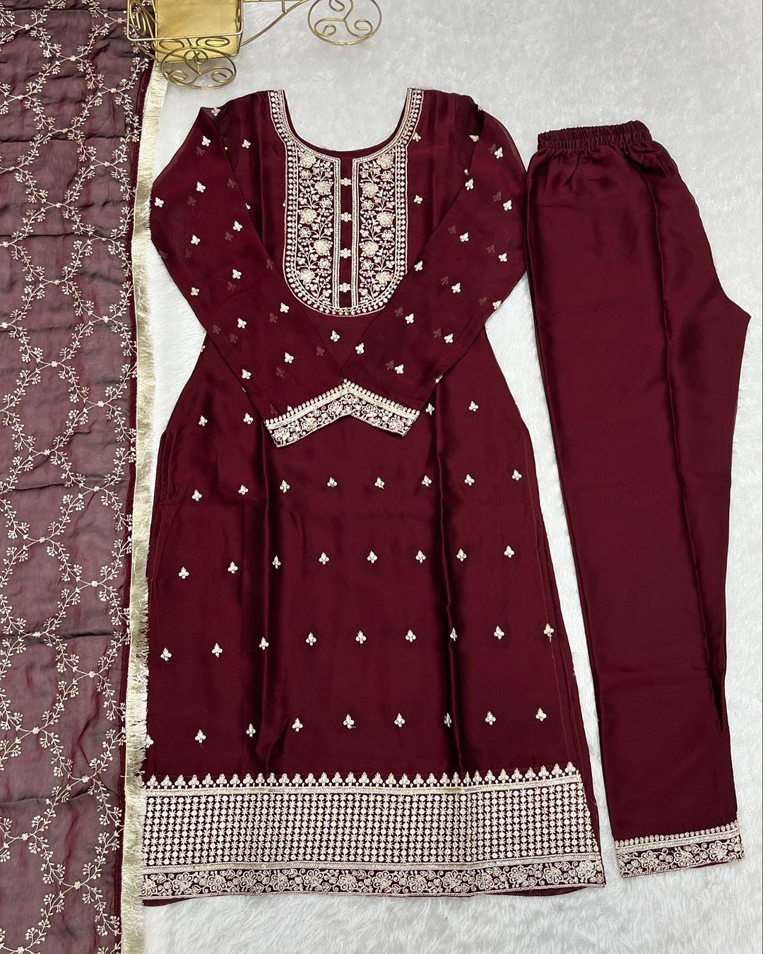 Jashwi Wine Rangoli Silk Embroidered Kurti Set