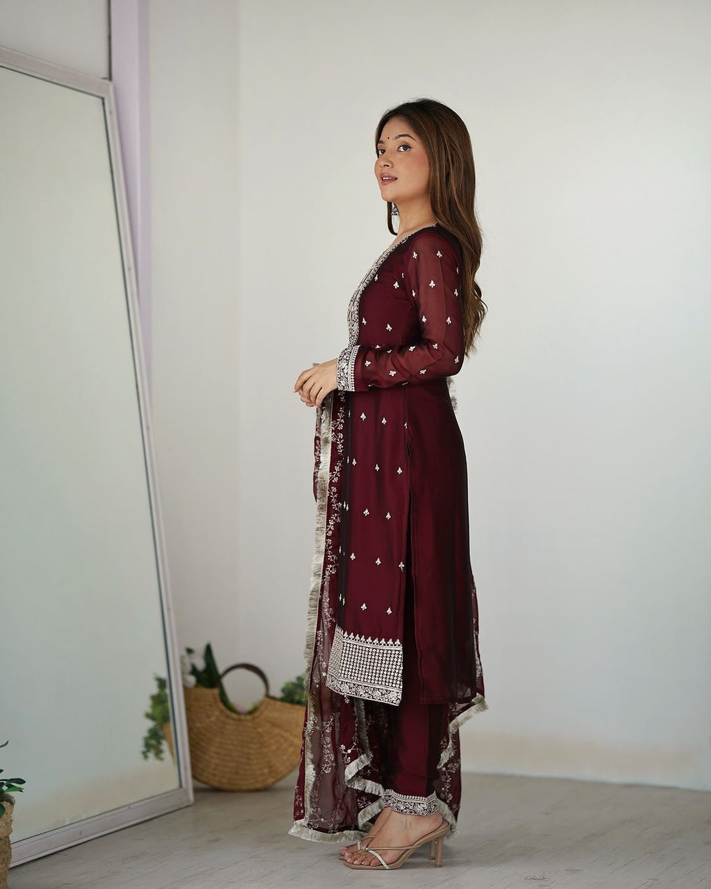 Jashwi Wine Rangoli Silk Embroidered Kurti Set