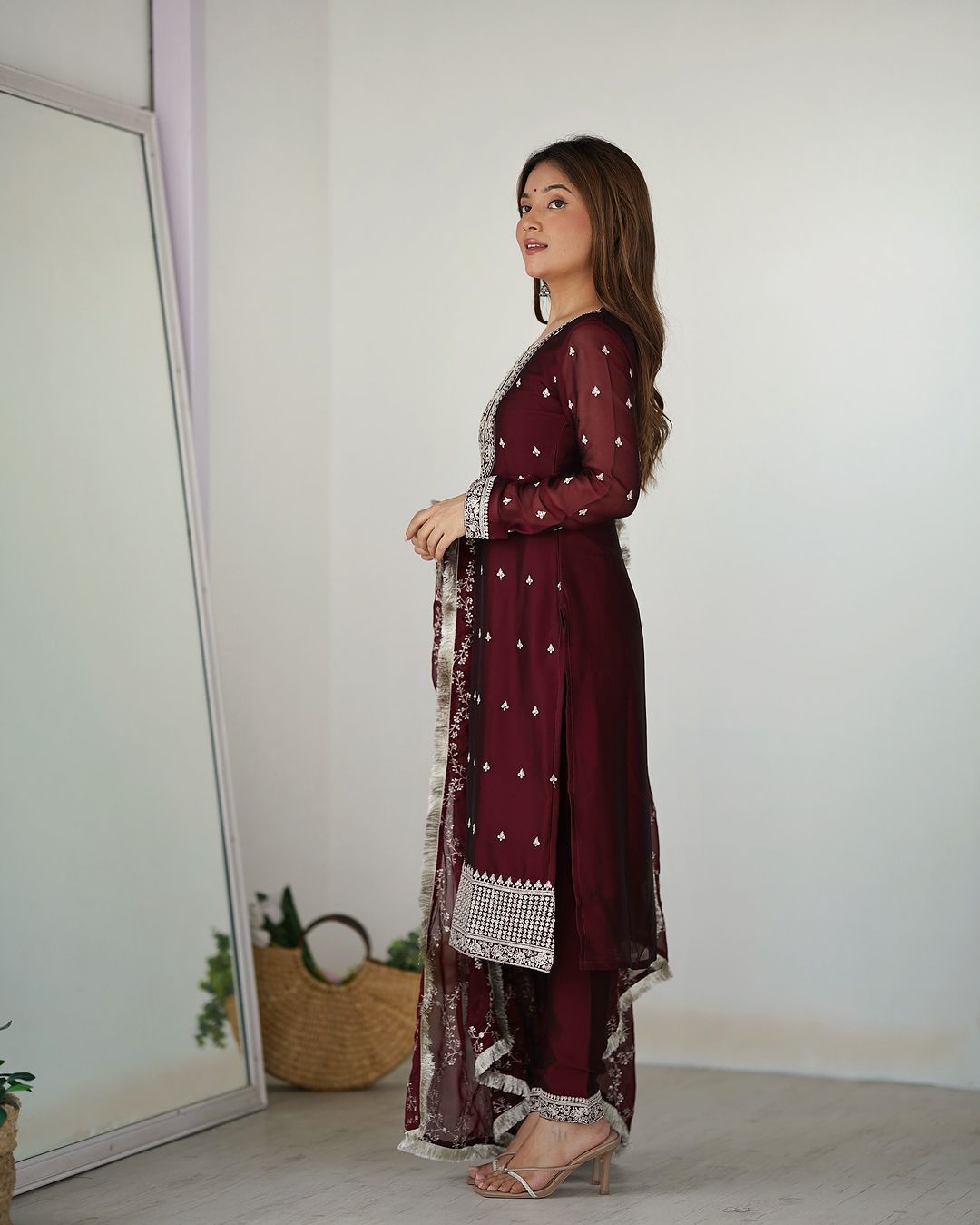 Jashwi Wine Rangoli Silk Embroidered Kurti Set