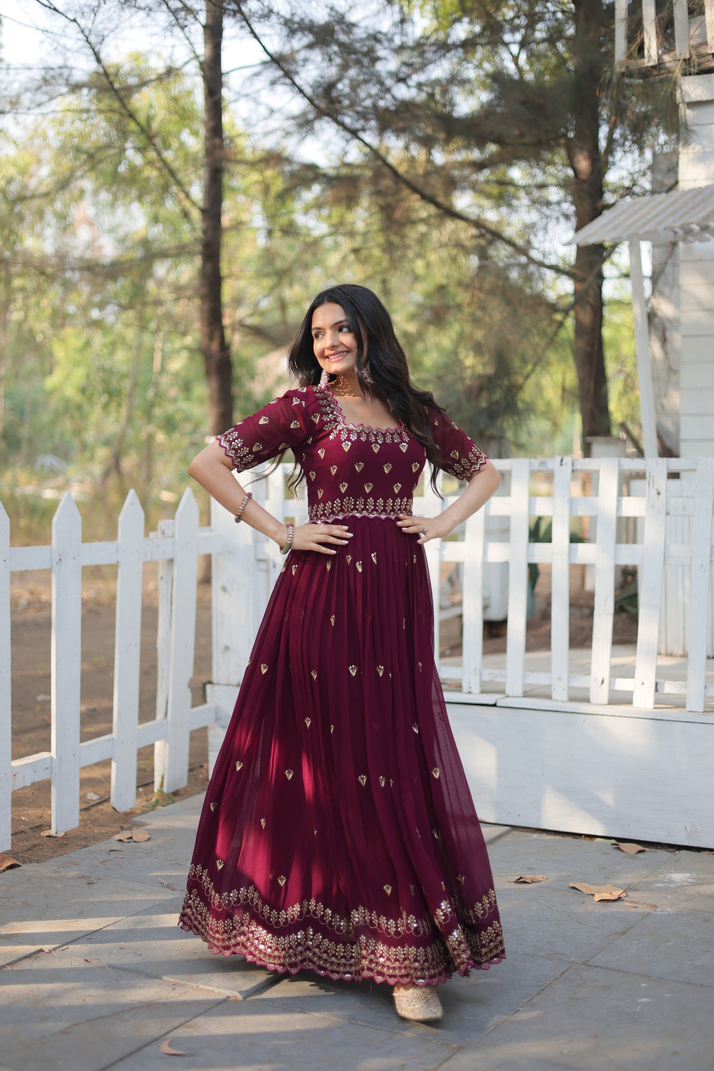 Brown embroidered Jinisha designer Anarkali gown