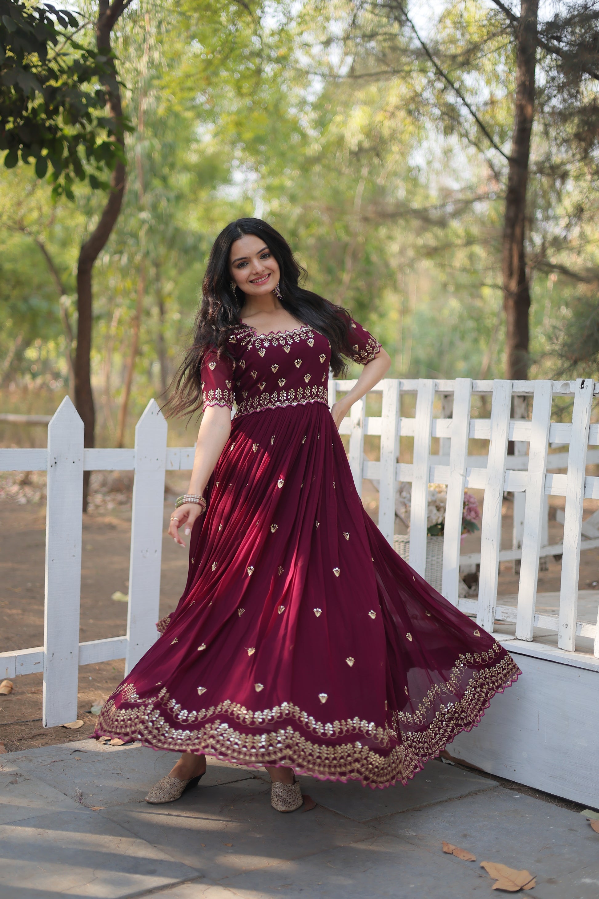 Brown embroidered Jinisha designer Anarkali gown
