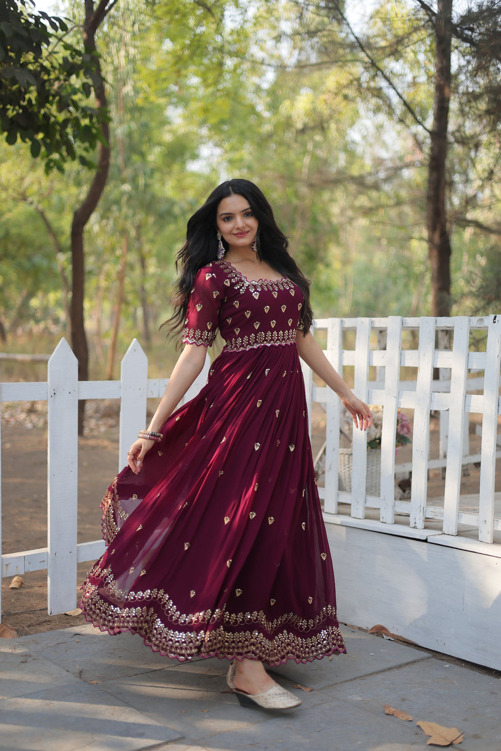 Brown embroidered Jinisha designer Anarkali gown