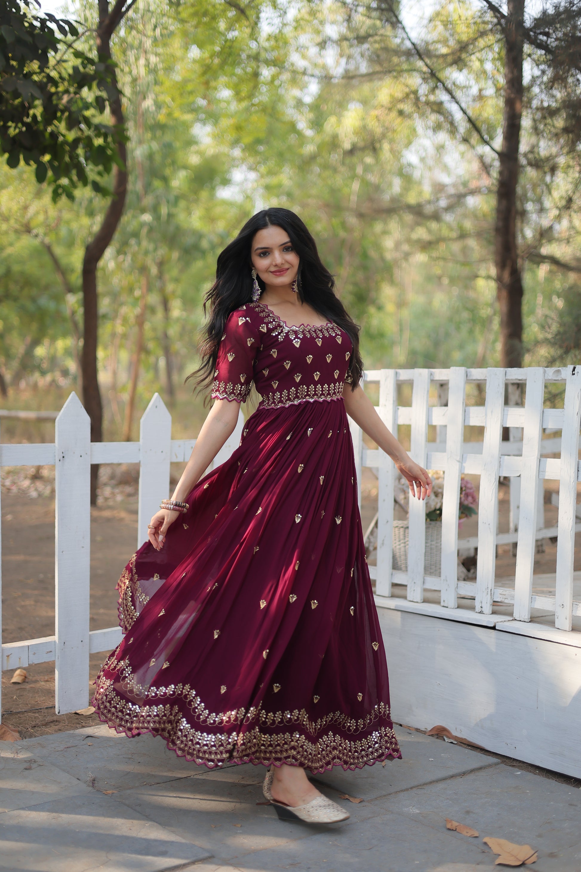 Brown embroidered Jinisha designer Anarkali gown