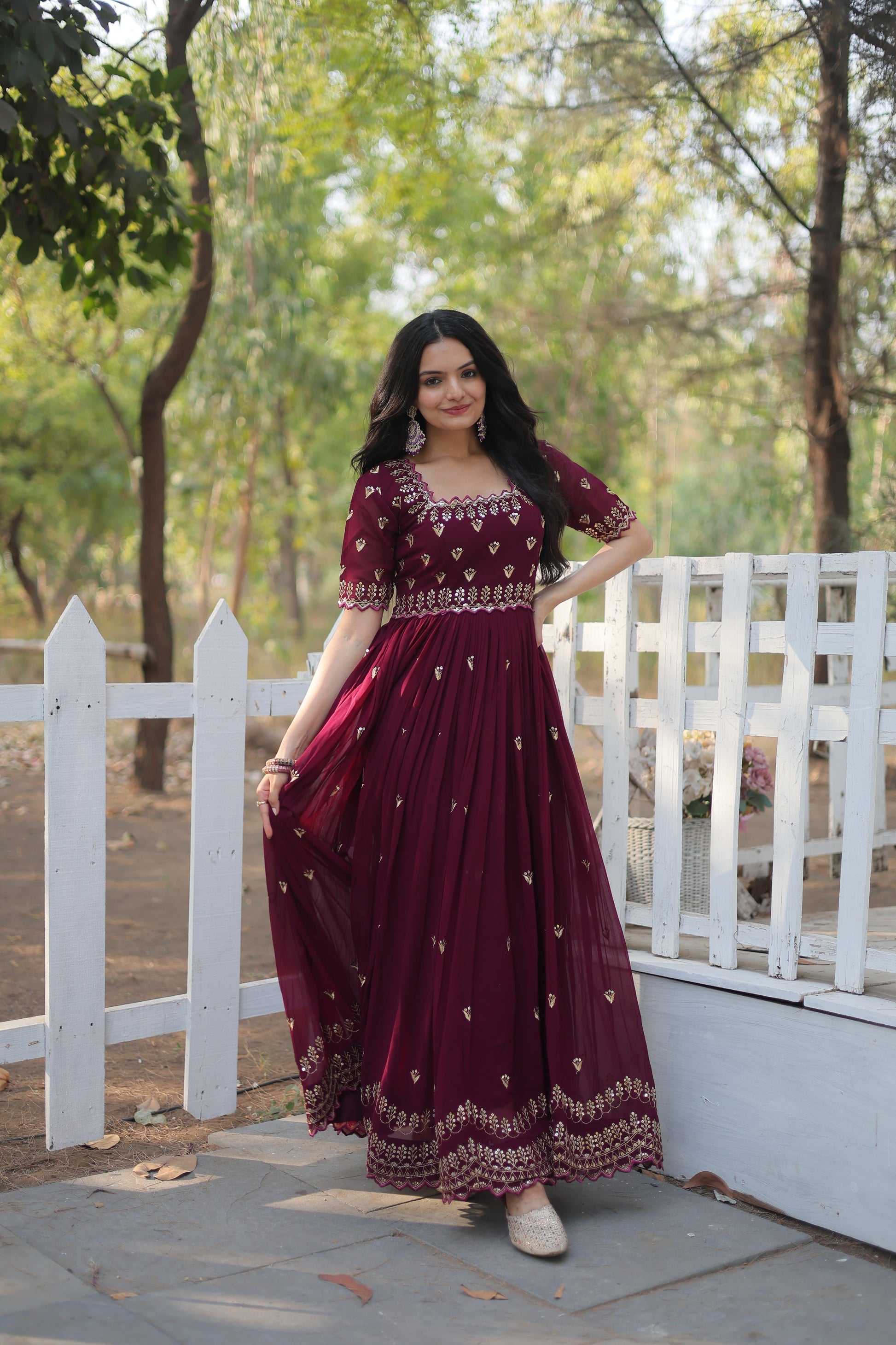 Brown embroidered Jinisha designer Anarkali gown