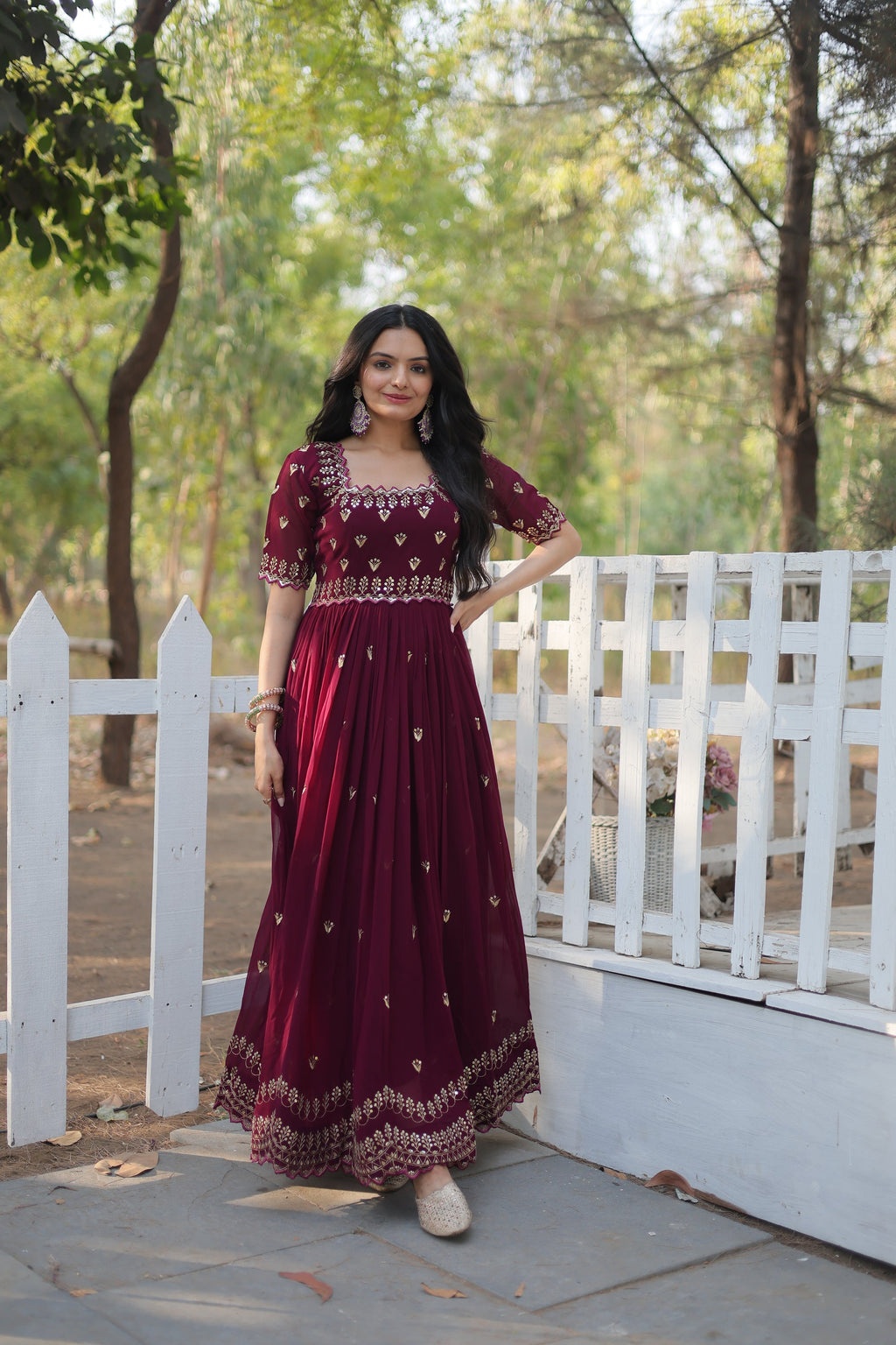 Brown embroidered Jinisha designer Anarkali gown