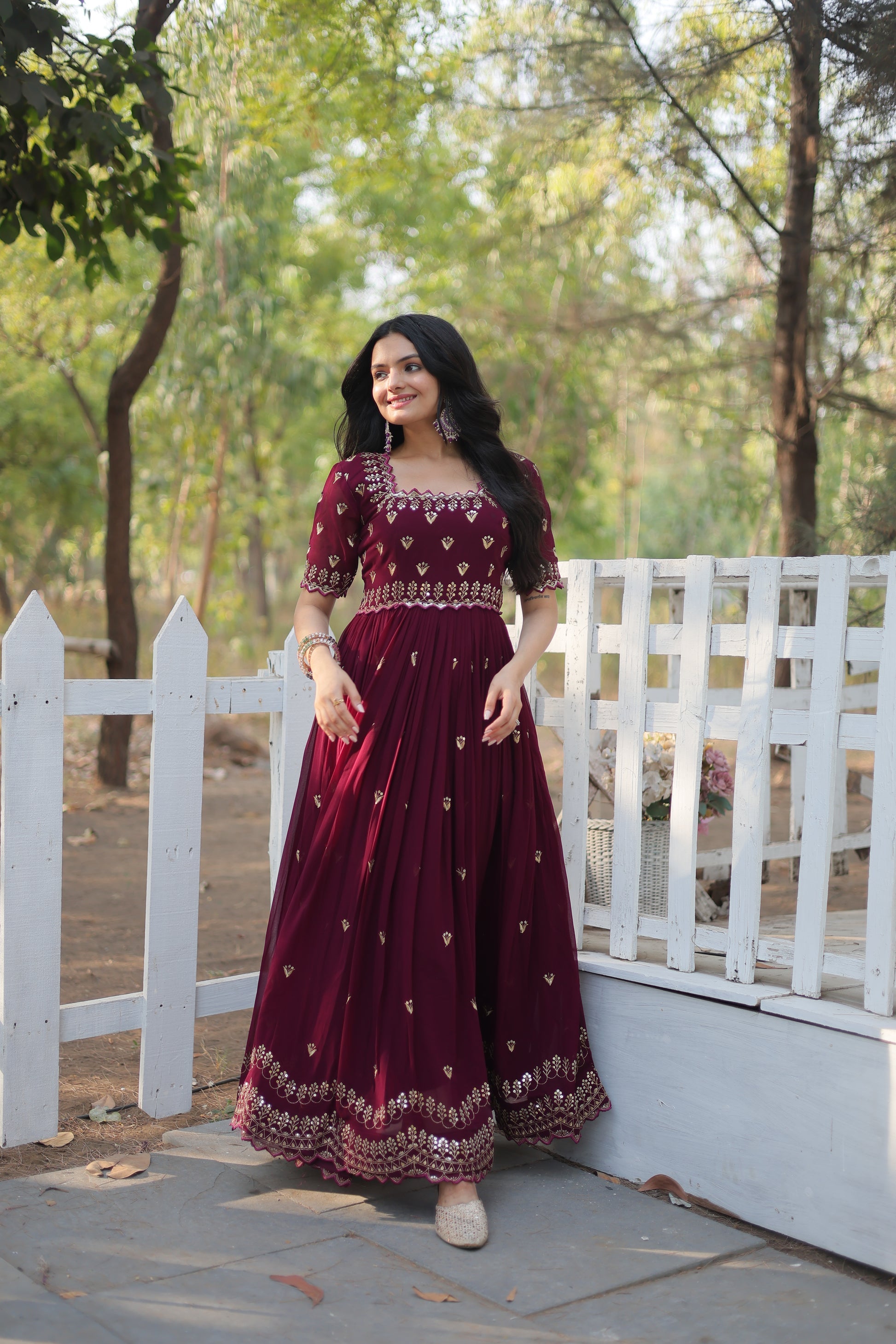 Brown embroidered Jinisha designer Anarkali gown
